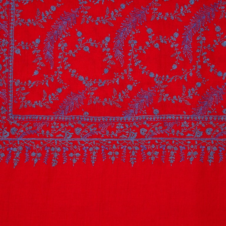 High Quality Hand Embroidered 100% Cashmere Shawl in Red and Blue For ...