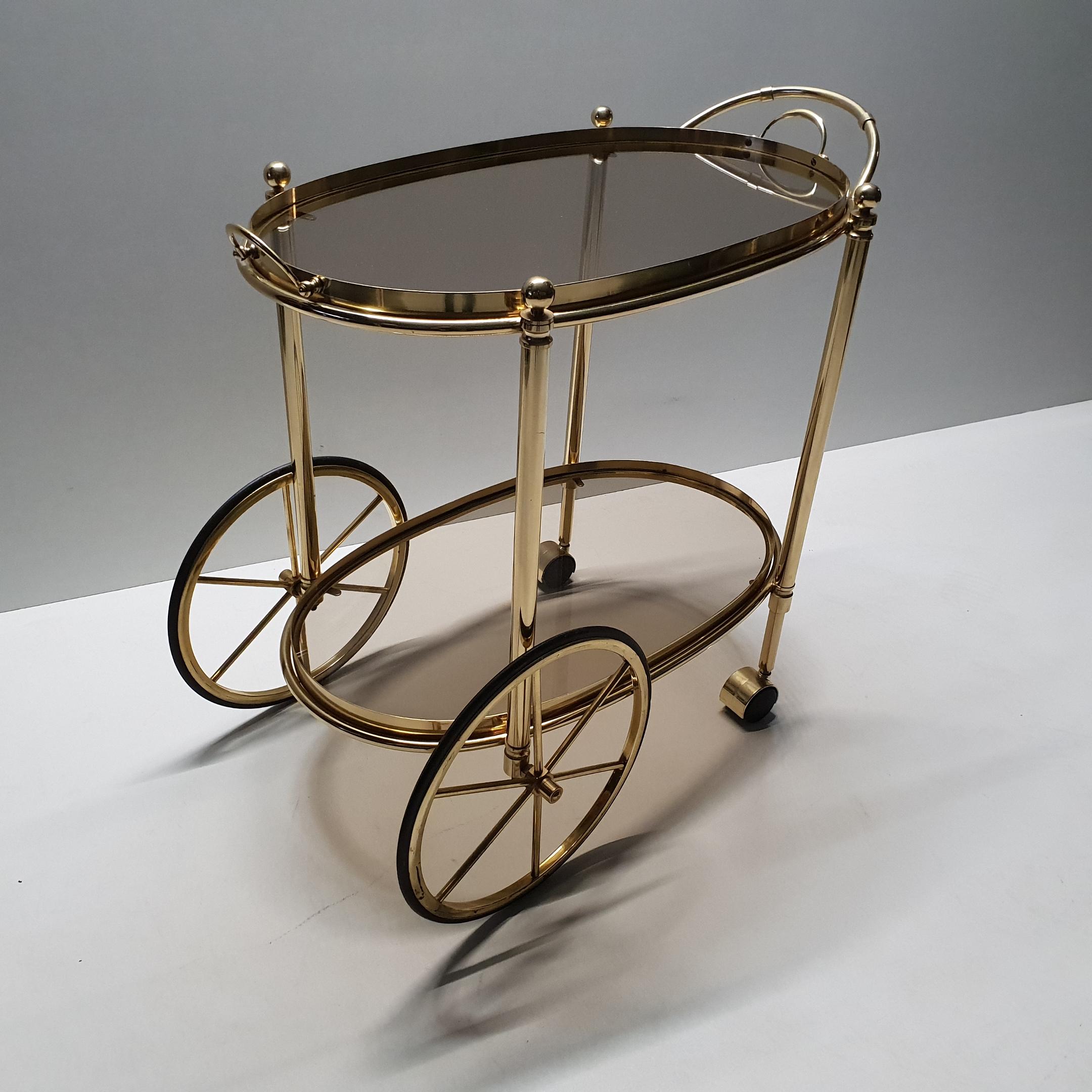 High Quality Italian Brass Trolley Bar Cart with Smoked Glass, 1980s For Sale 5