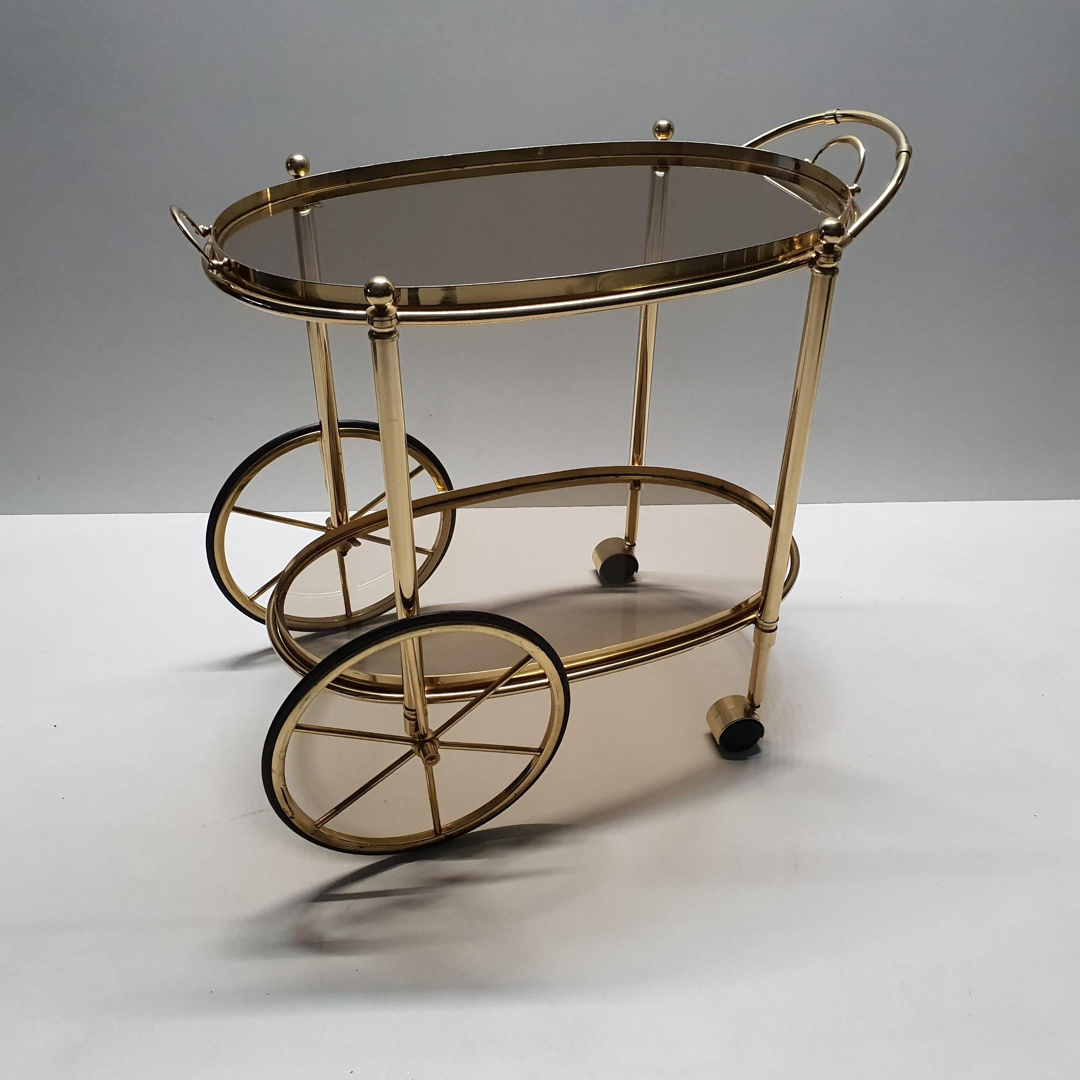 High Quality Italian Brass Trolley Bar Cart with Smoked Glass, 1980s For Sale 6