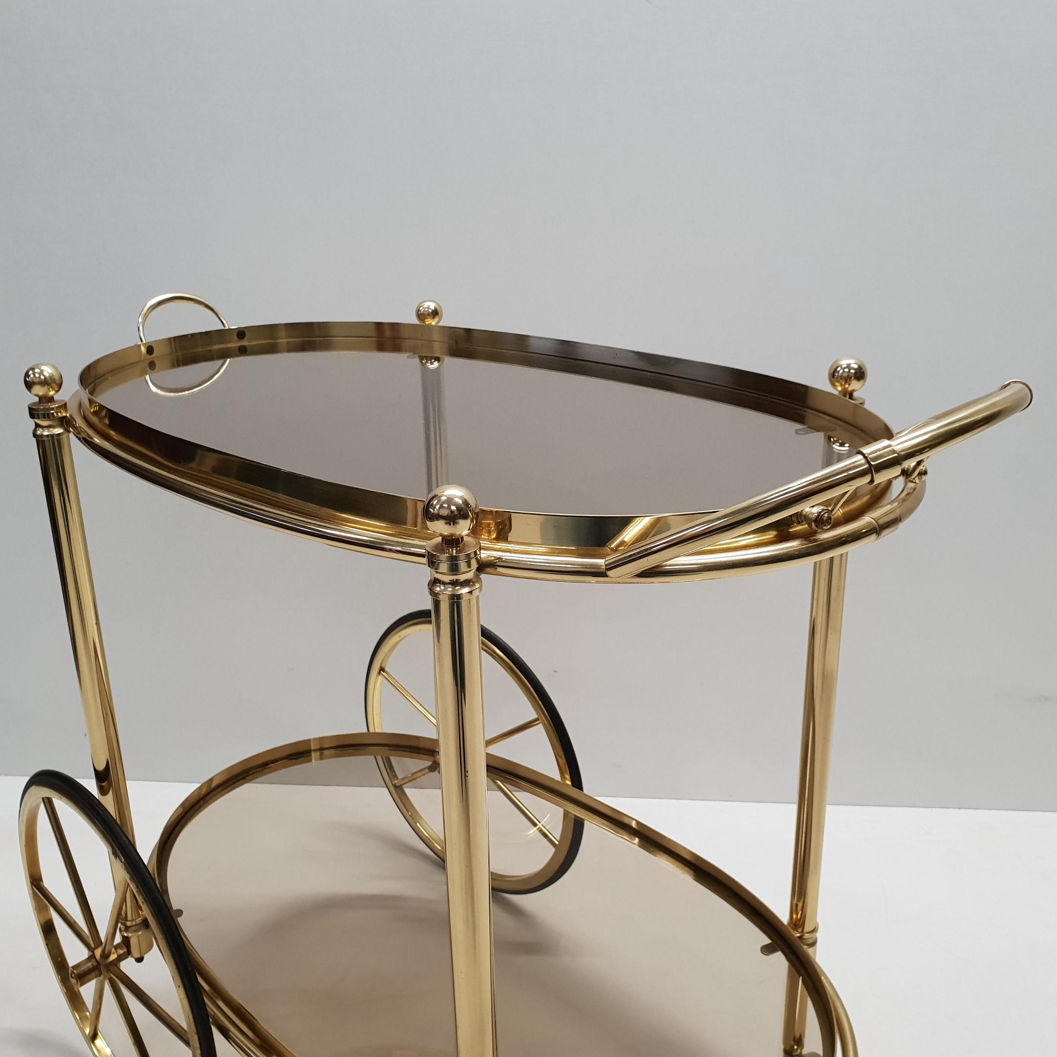 High Quality Italian Brass Trolley Bar Cart with Smoked Glass, 1980s For Sale 7