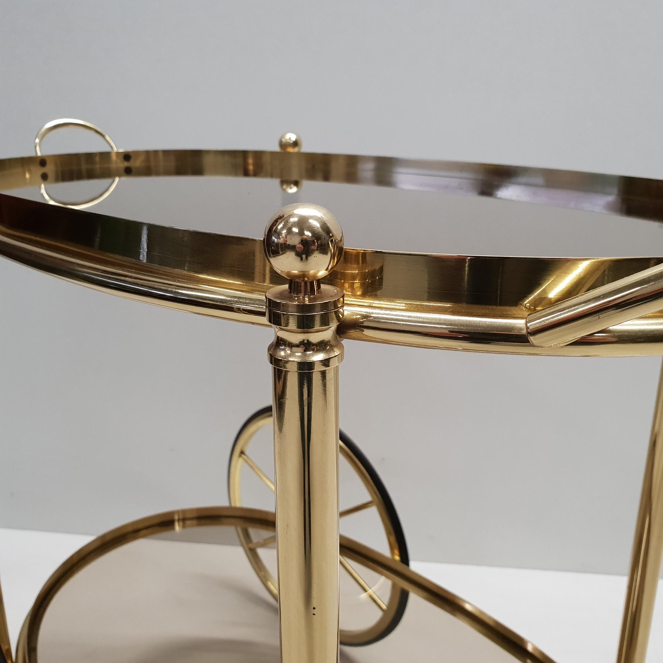 High Quality Italian Brass Trolley Bar Cart with Smoked Glass, 1980s For Sale 8