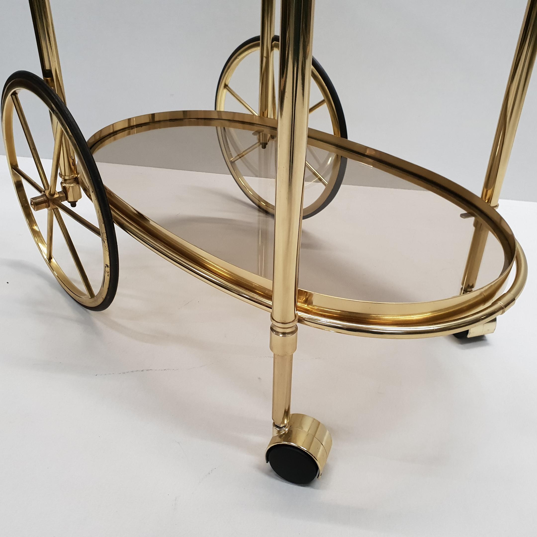 High Quality Italian Brass Trolley Bar Cart with Smoked Glass, 1980s For Sale 9