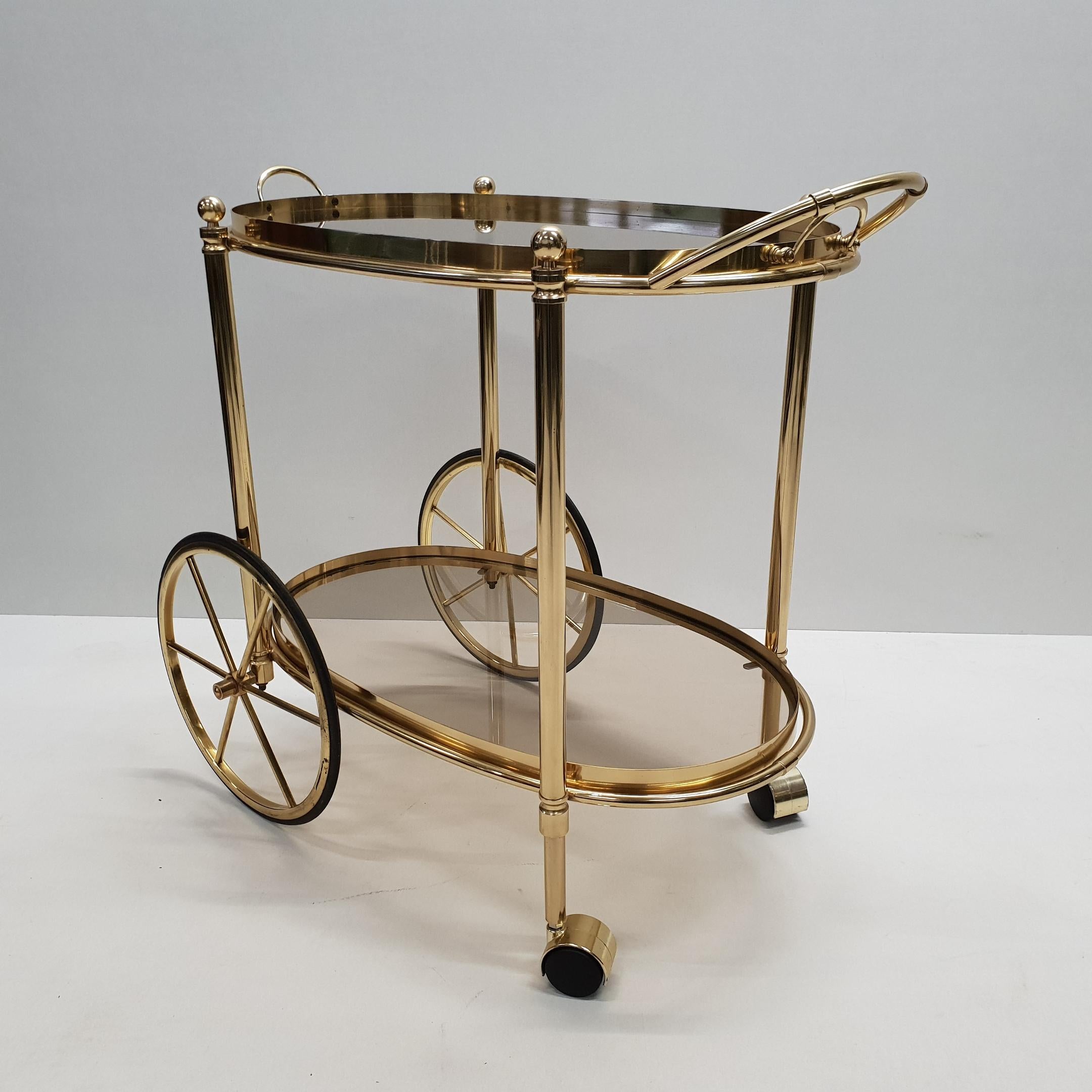 High Quality Italian Brass Trolley Bar Cart with Smoked Glass, 1980s For Sale 10