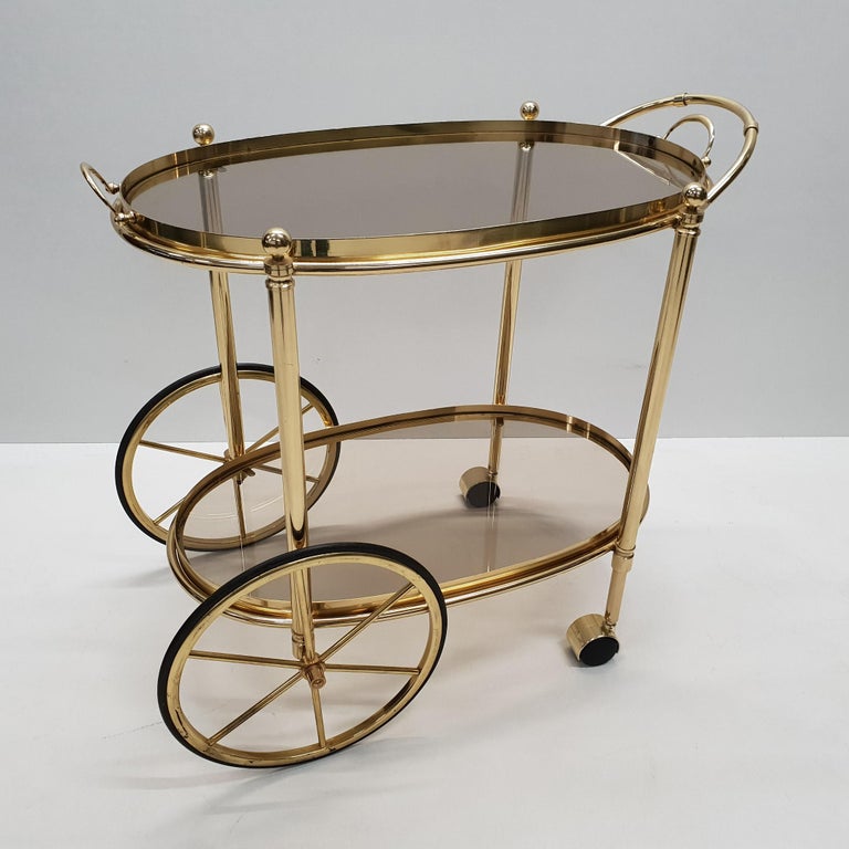 High Quality Italian Brass Trolley Bar Cart with Smoked Glass, 1980s