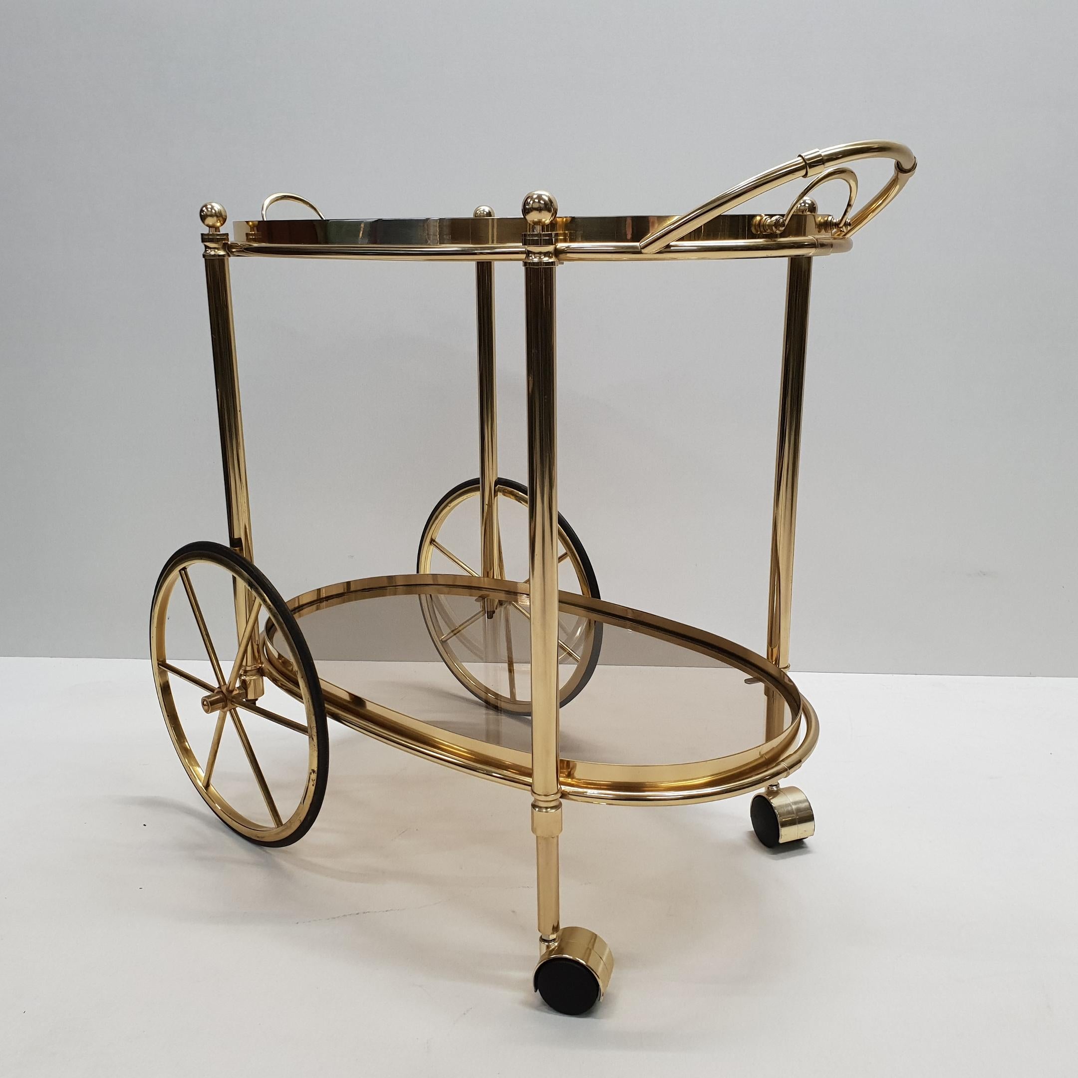 Hollywood Regency High Quality Italian Brass Trolley Bar Cart with Smoked Glass, 1980s For Sale