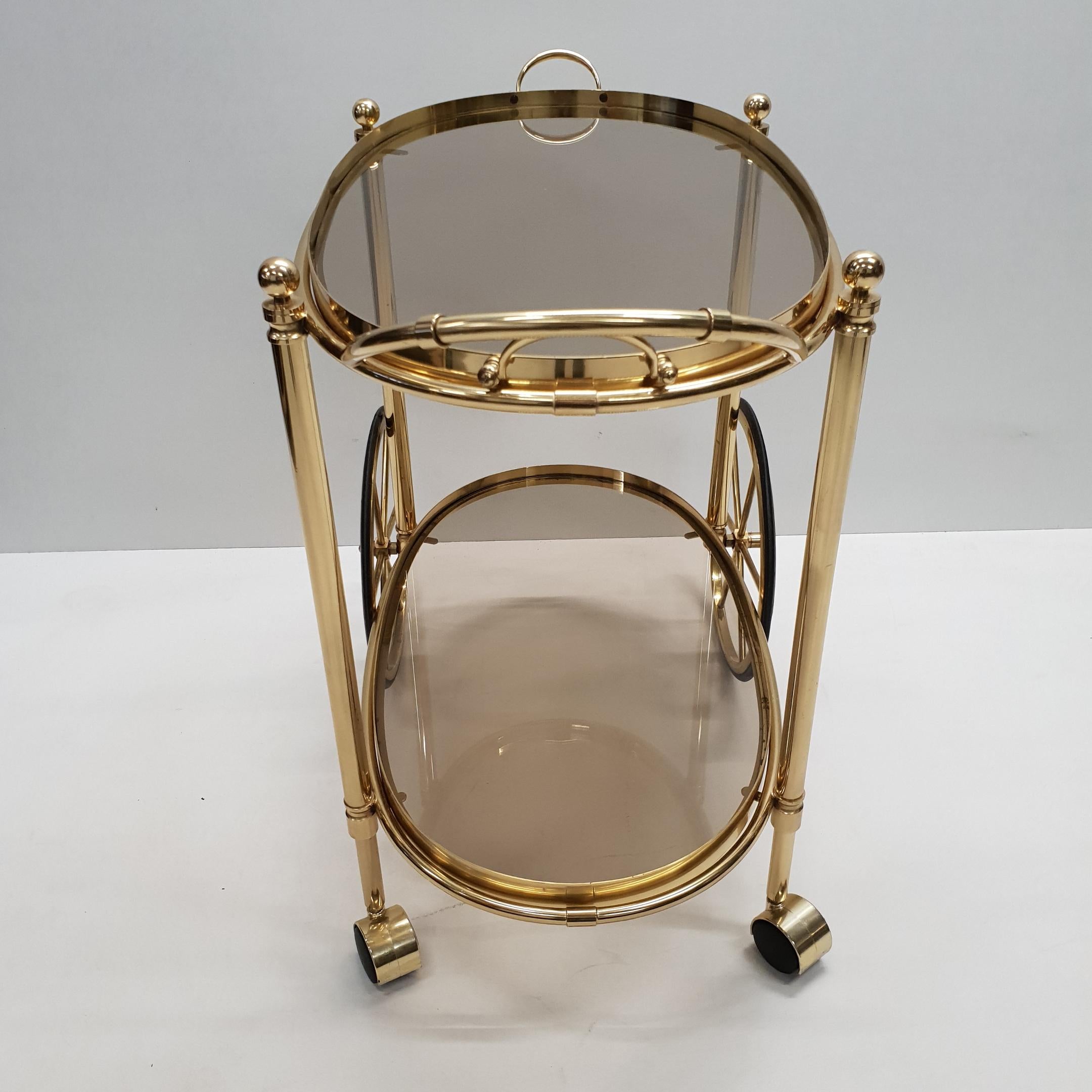 20th Century High Quality Italian Brass Trolley Bar Cart with Smoked Glass, 1980s For Sale