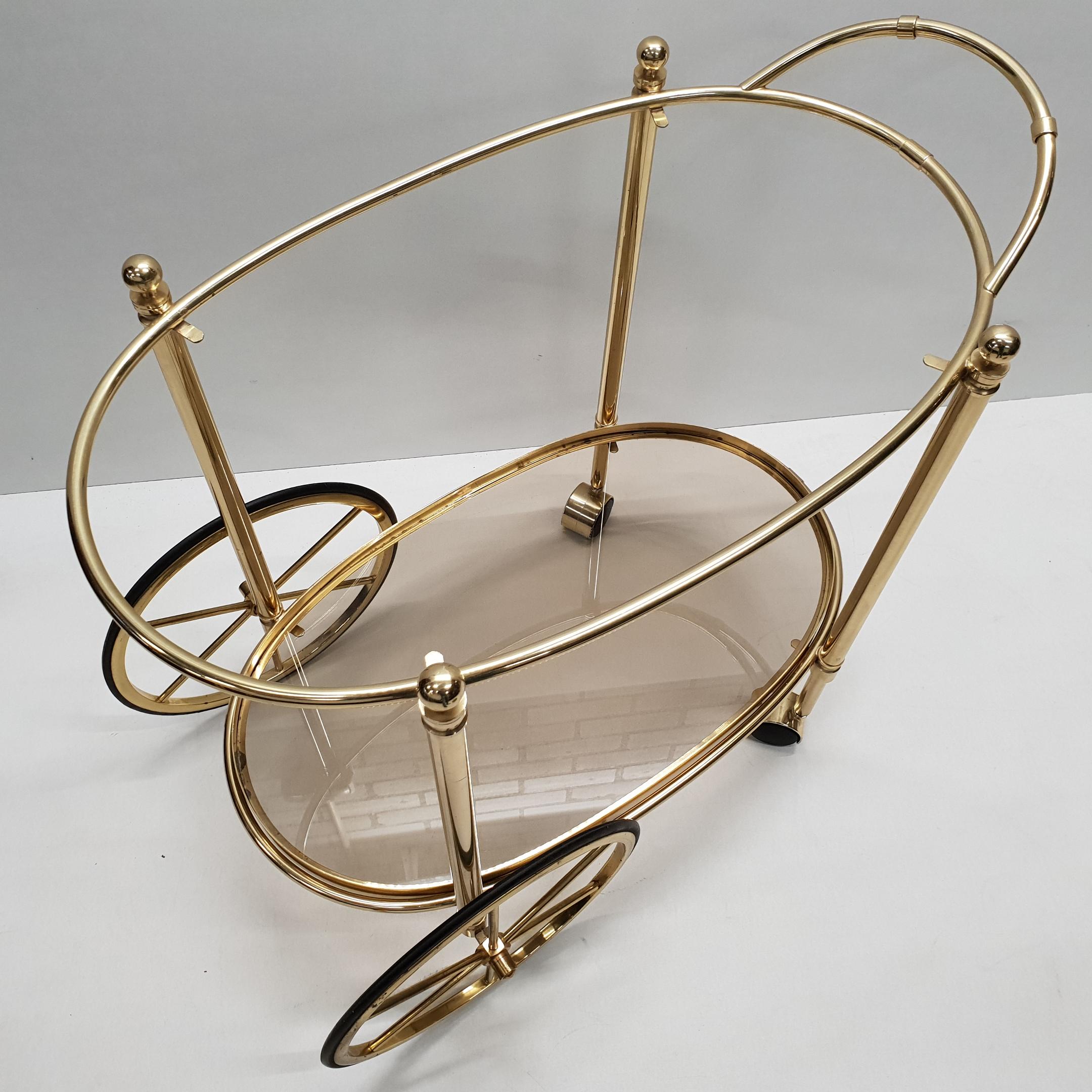 High Quality Italian Brass Trolley Bar Cart with Smoked Glass, 1980s For Sale 2