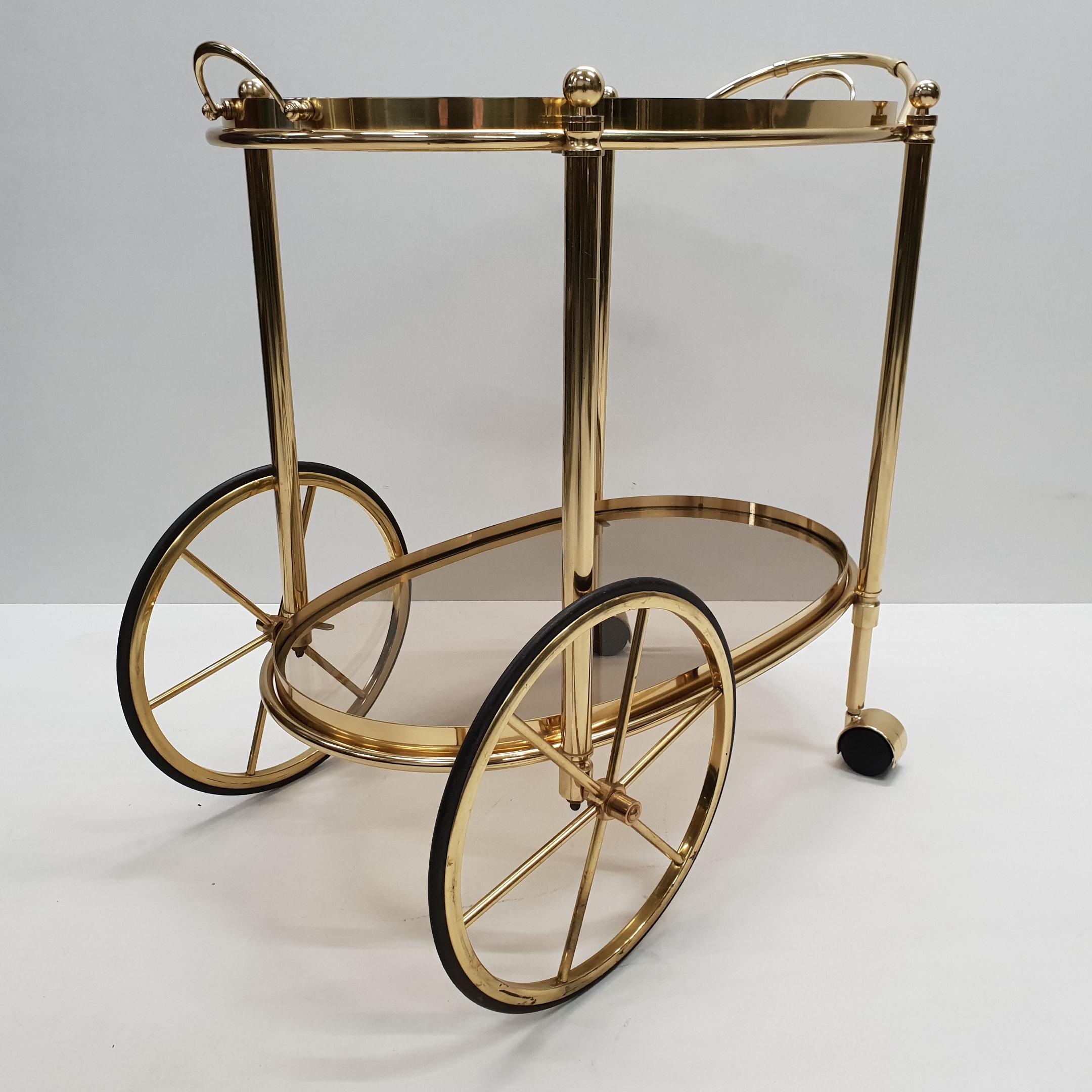 High Quality Italian Brass Trolley Bar Cart with Smoked Glass, 1980s For Sale 4