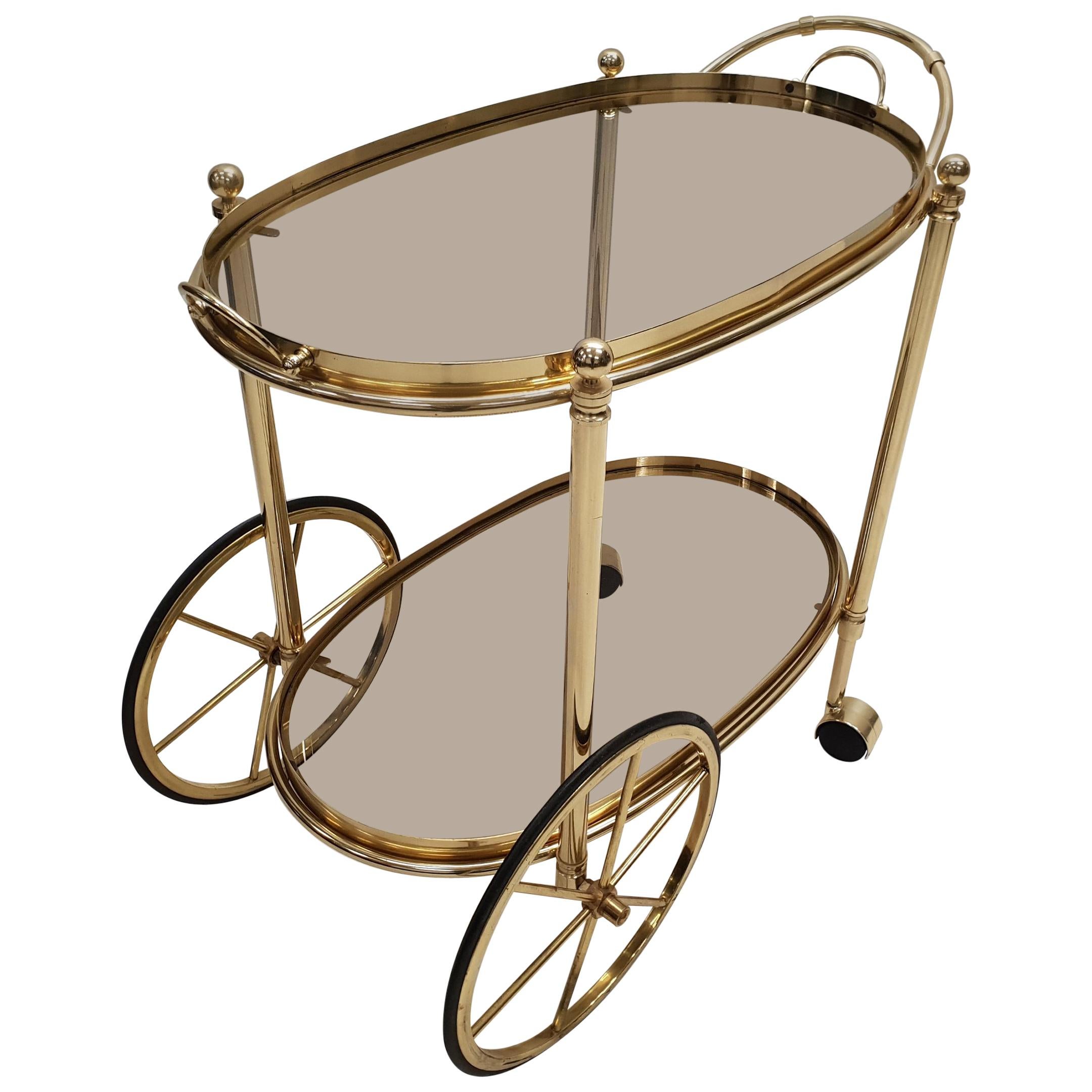 High Quality Italian Brass Trolley Bar Cart with Smoked Glass, 1980s For Sale