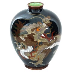 Antique High Quality Japanese Cloisonne Forest Green Dragon Vase Attributed to Honda Yos