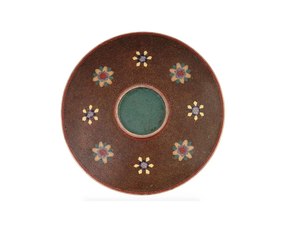 Plato Cargador Antiguo Meiji Japonés Cloisonné Esmalte Oro Piedra Bu Cloissoné en venta