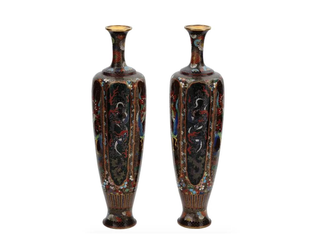 Cloissoné Rare High Quality Pair of Meiji Japanese Cloisonne Enamel Vases Dragons and Hoho For Sale