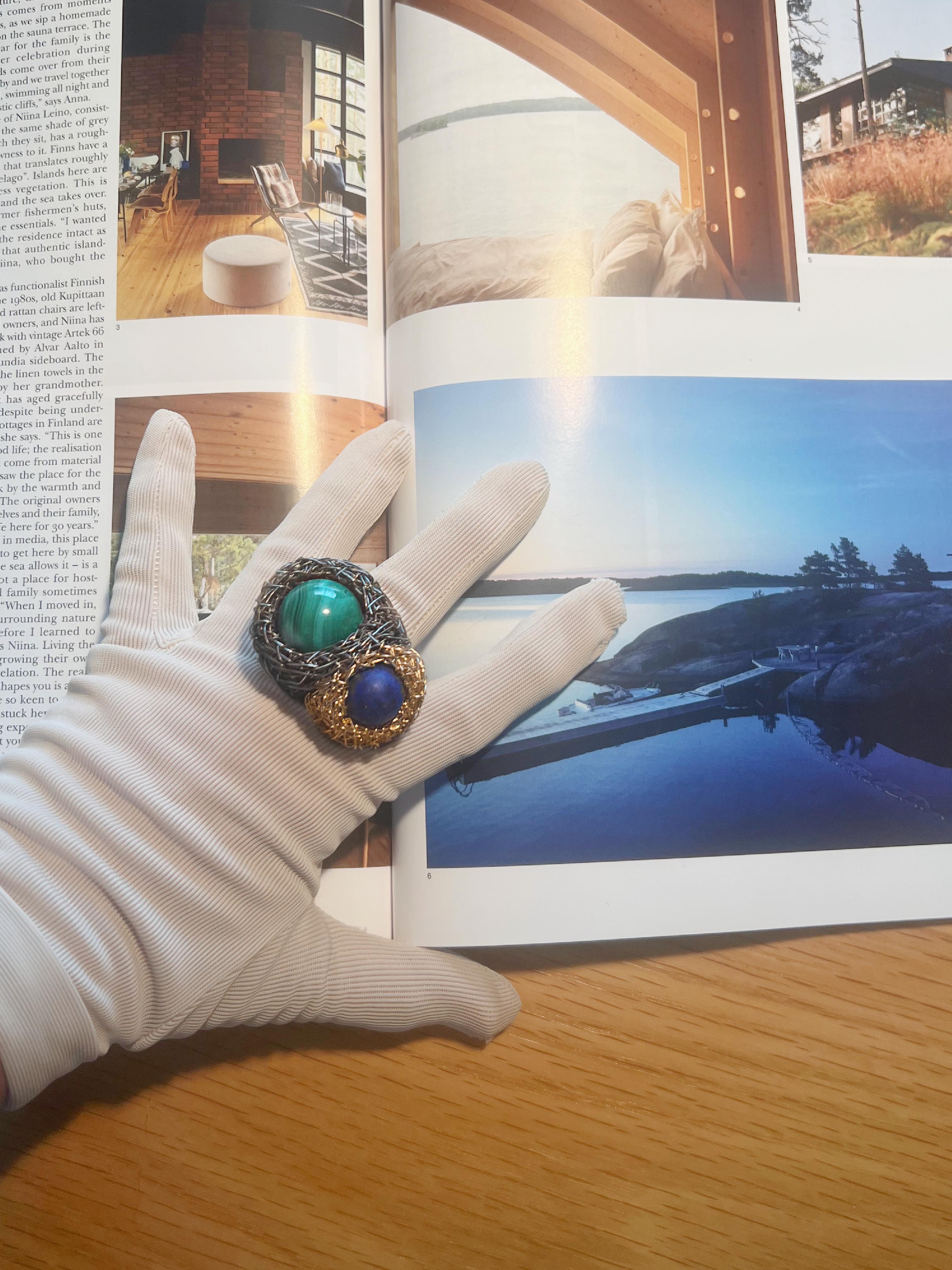 High quality Lapis Lazuli & Malachite One-Off 14 K Yellow Gold F. Cocktail Ring For Sale 5