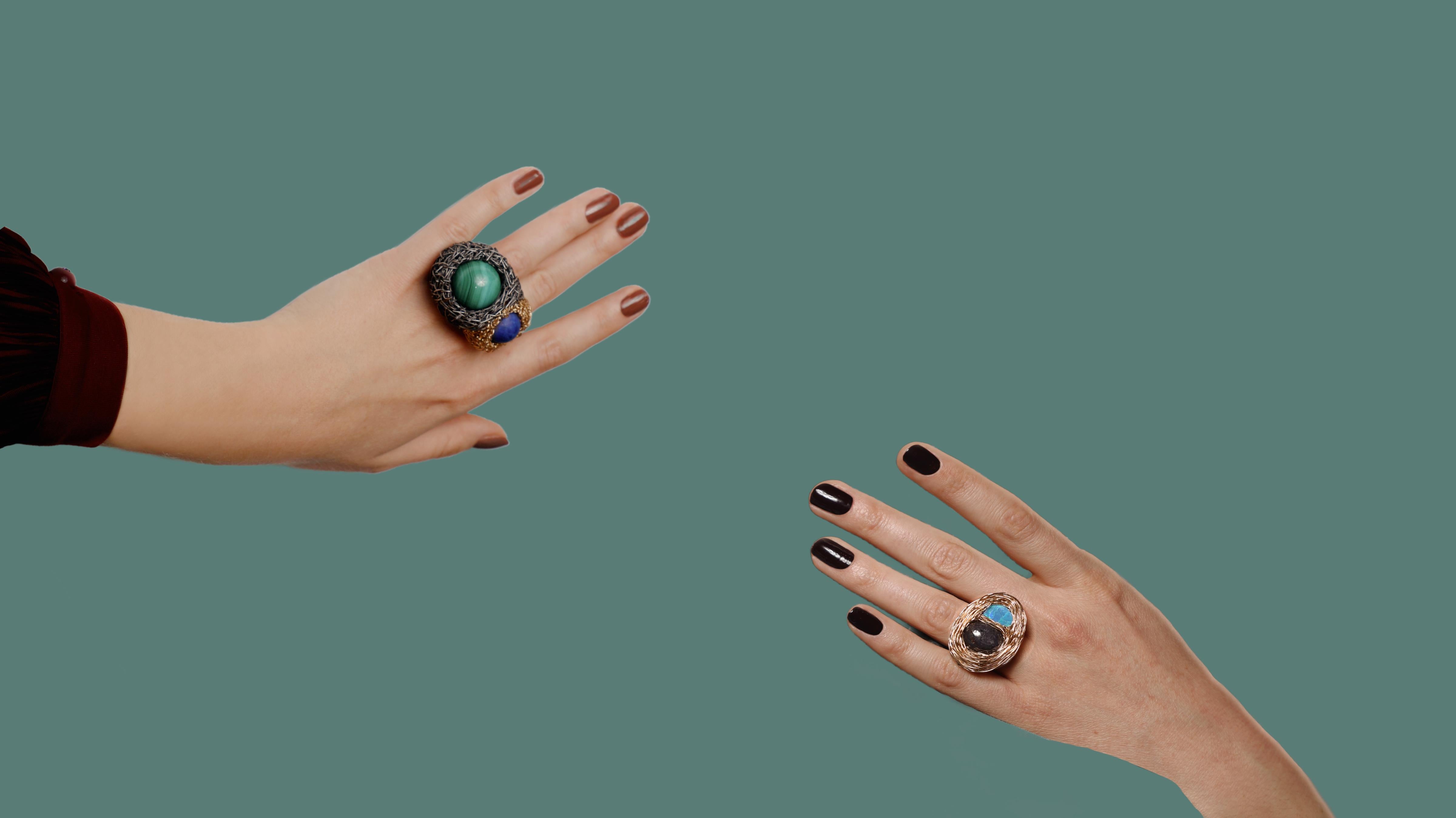 High quality Lapis Lazuli & Malachite One-Off 14 K Yellow Gold F. Cocktail Ring For Sale 13