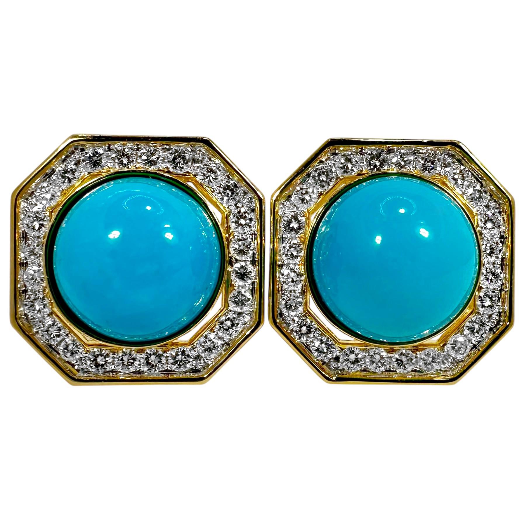 This large, aesthetic and very impressive pair vintage 18K yellow & white gold and diamond cocktail earrings were designed in the shape of an octagon. They are set with forty eight modern round brilliant cut diamonds and two turquoise cabochons. The