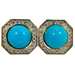 High Quality Late-20th Century 18K Gold Diamond and Turquoise Earrings