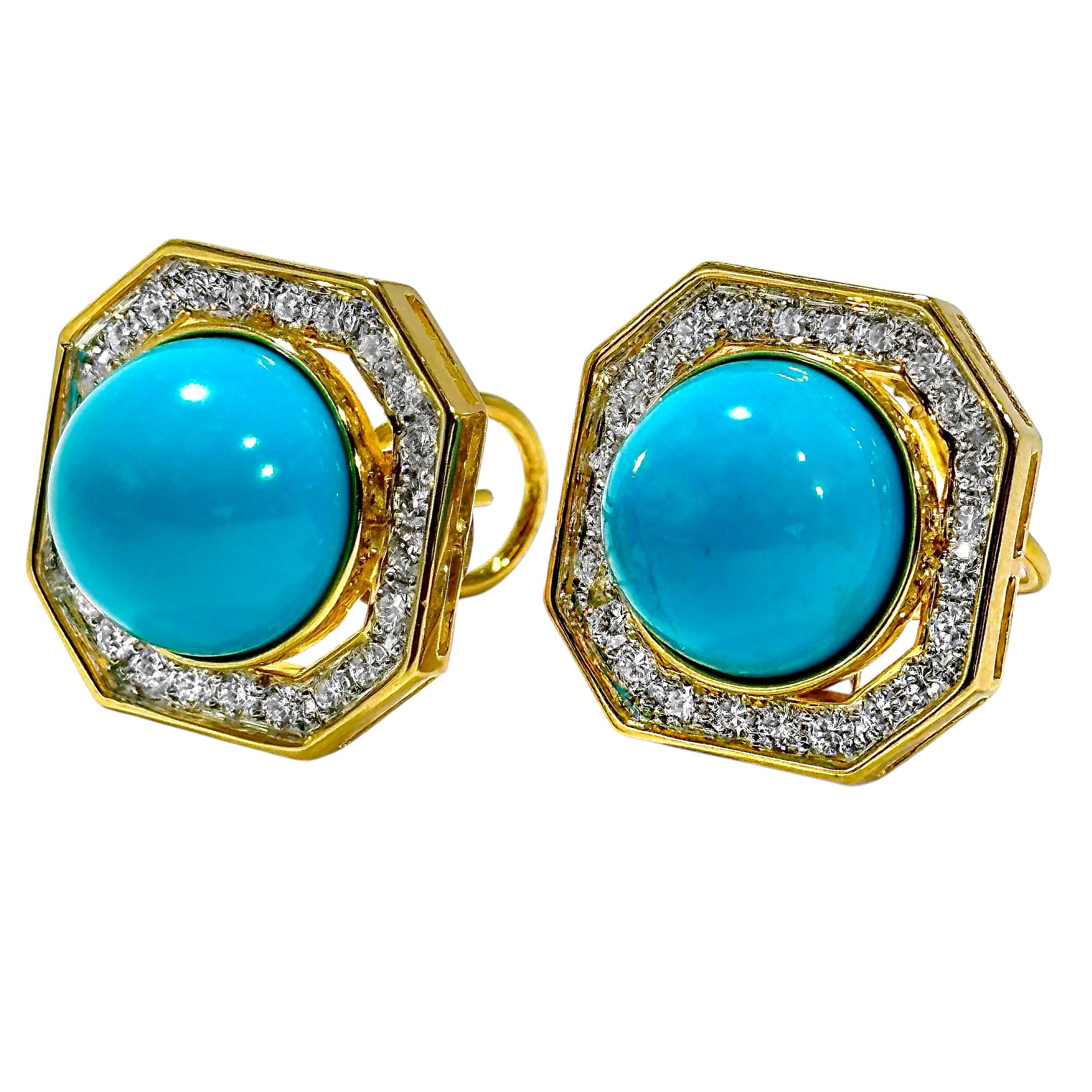 Modern High Quality Late-20th Century 18K Gold Diamond and Turquoise Earrings For Sale