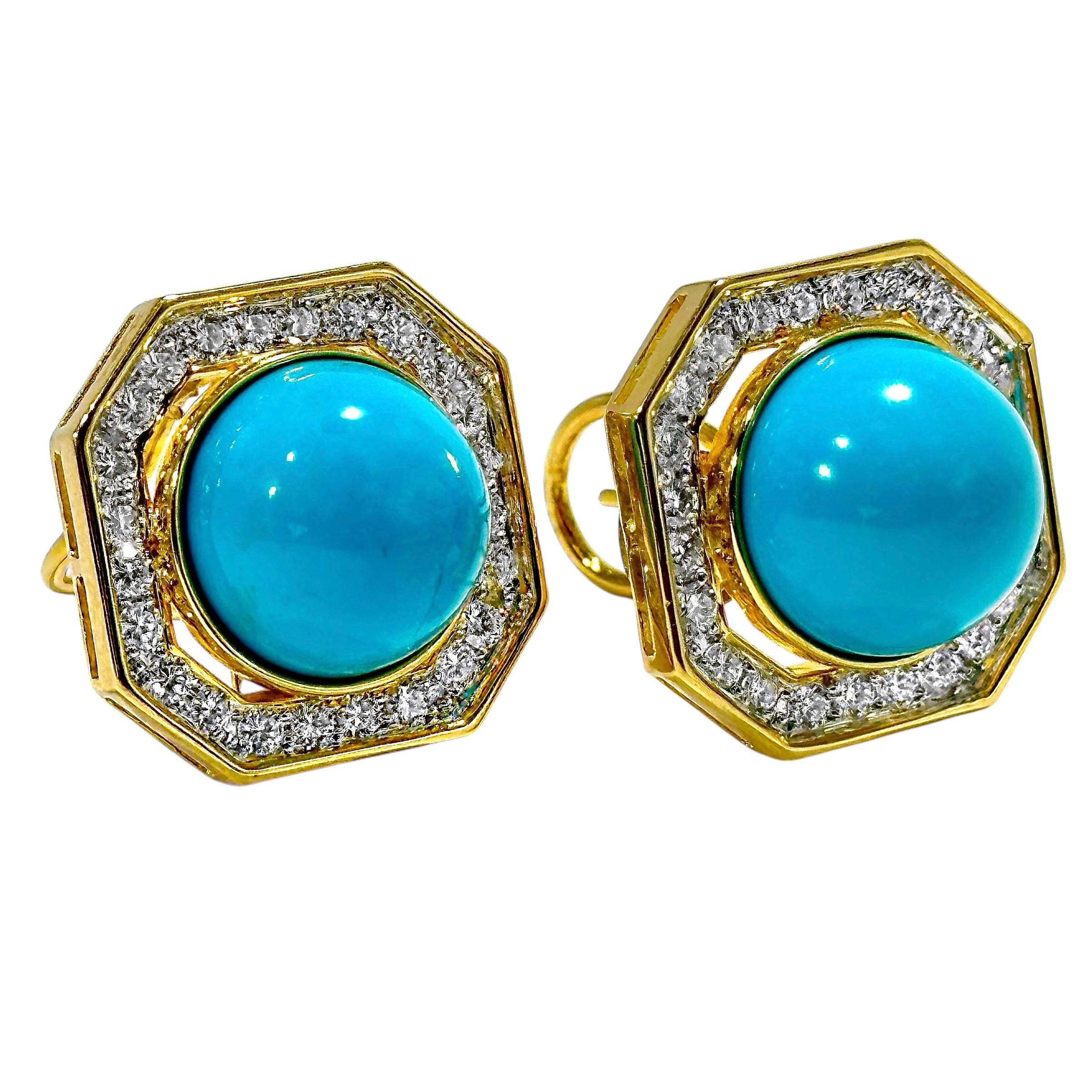 High Quality Late-20th Century 18K Gold Diamond and Turquoise Earrings In Good Condition For Sale In Palm Beach, FL