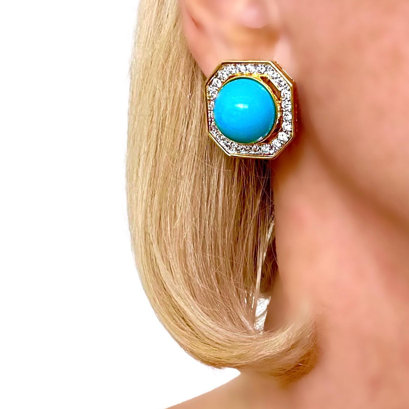 High Quality Late-20th Century 18K Gold Diamond and Turquoise Earrings For Sale 2