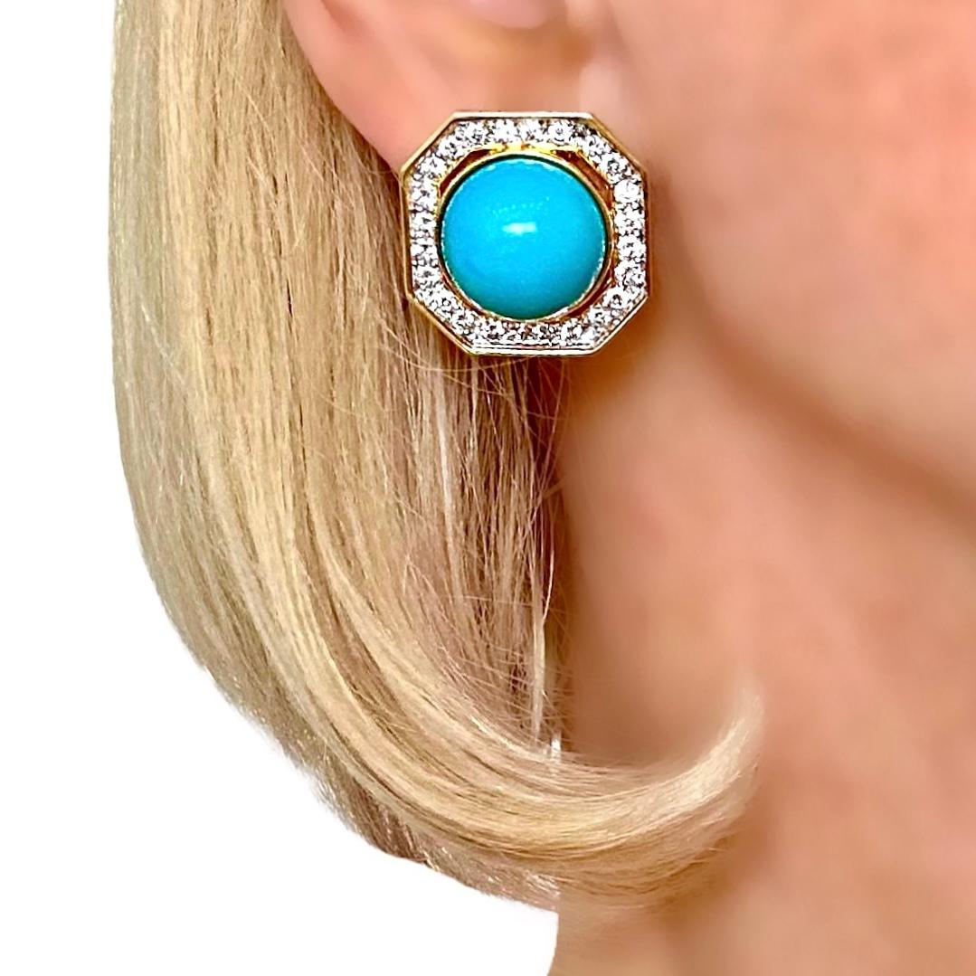 High Quality Late-20th Century 18K Gold Diamond and Turquoise Earrings For Sale 3