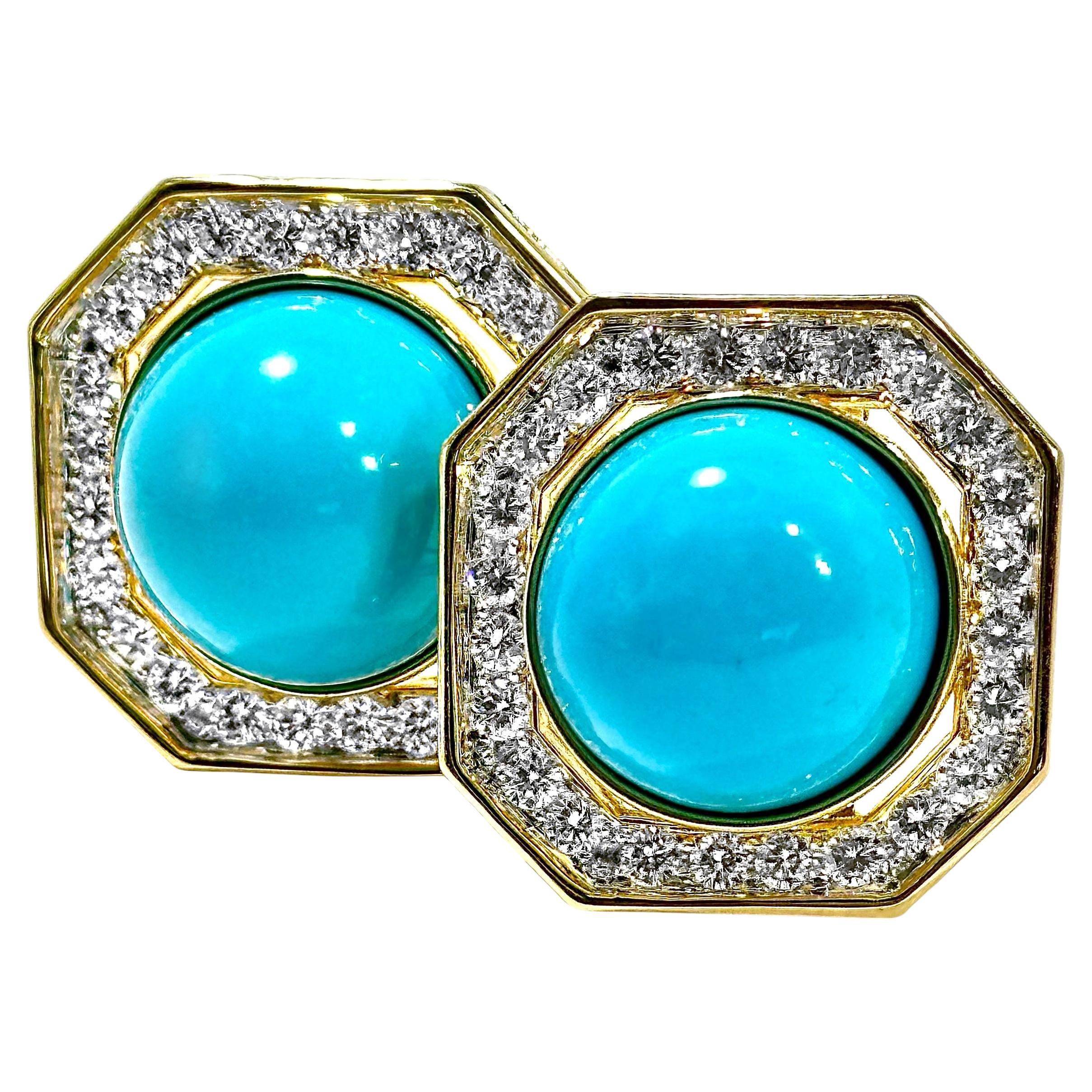 High Quality Late-20th Century 18K Gold Diamond and Turquoise Earrings