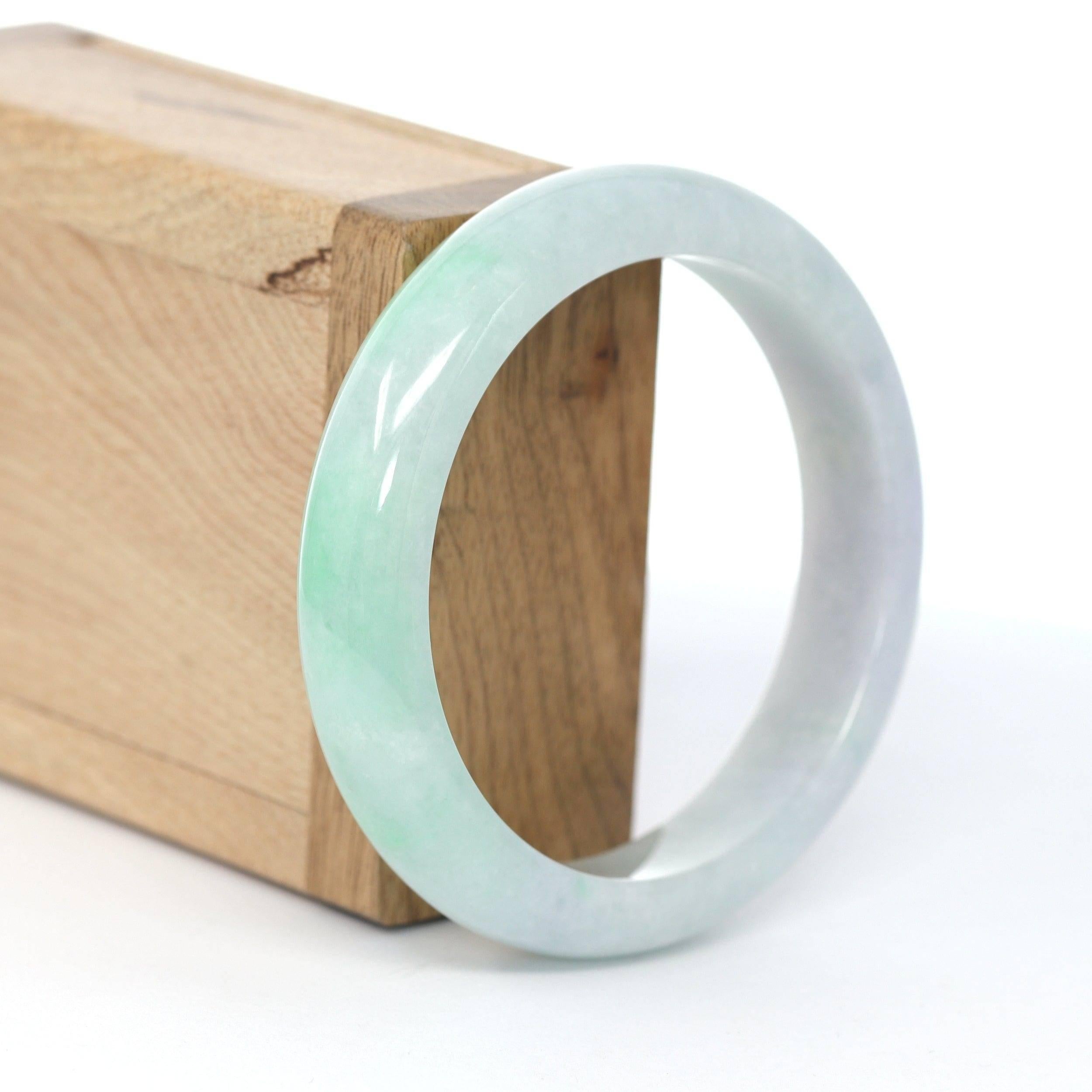 * DETAILS--- Genuine Burmese Jadeite Jade Bangle Bracelet. This bangle is made with fine genuine Burmese Jadeite jade. The jade texture is fine and smooth with green color. It just has little clouds and a natural stone line. The Classic half-round