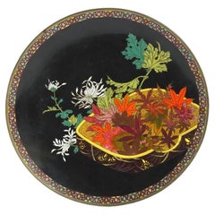 Antique High Quality Meiji Japanese Cloisonne Enamel Plate Autumn Leaves Chrysanthemum F