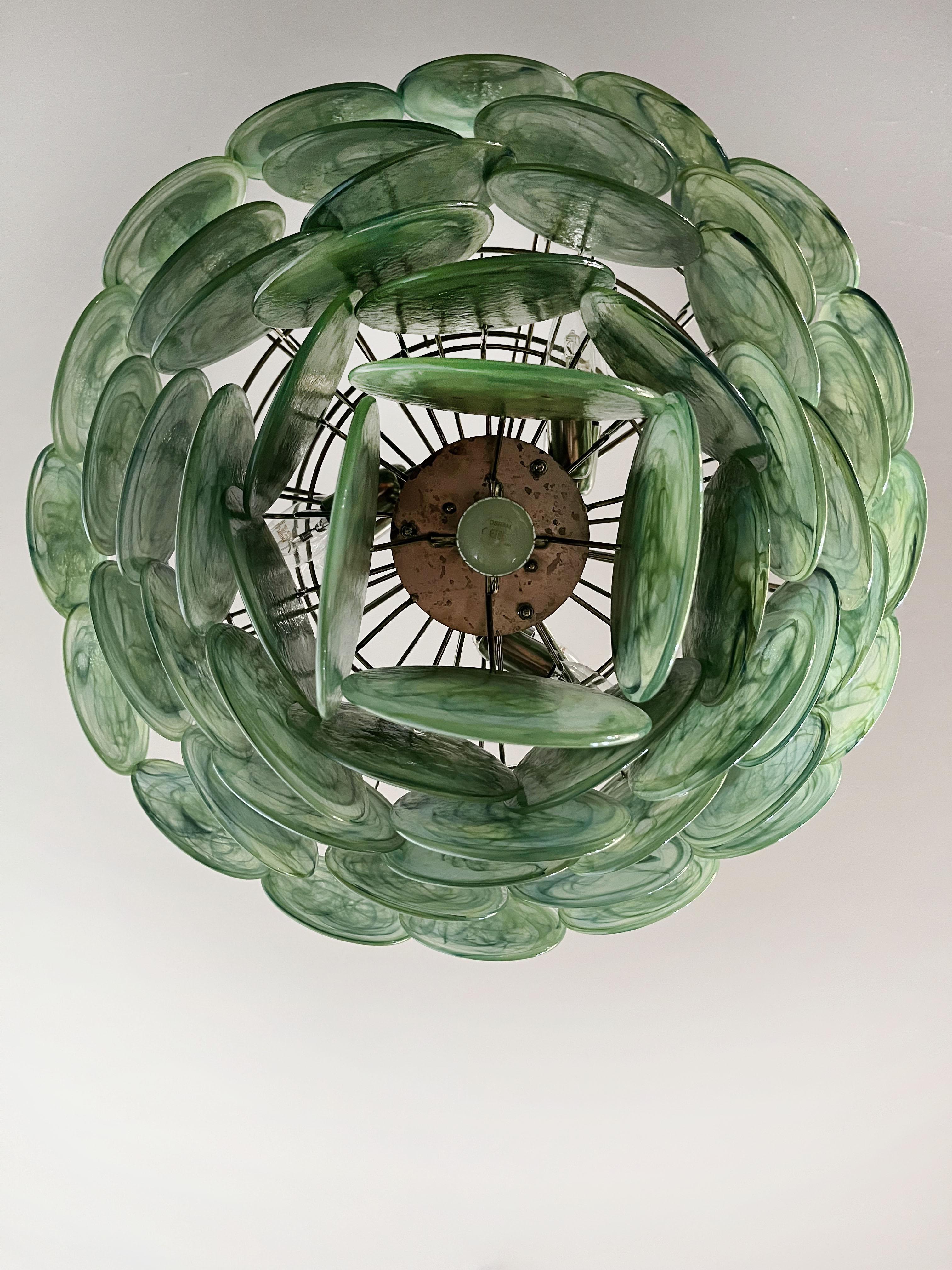 High Quality Murano Chandelier Space Age, 57 Green Albaster Iridescent Glasses For Sale 12