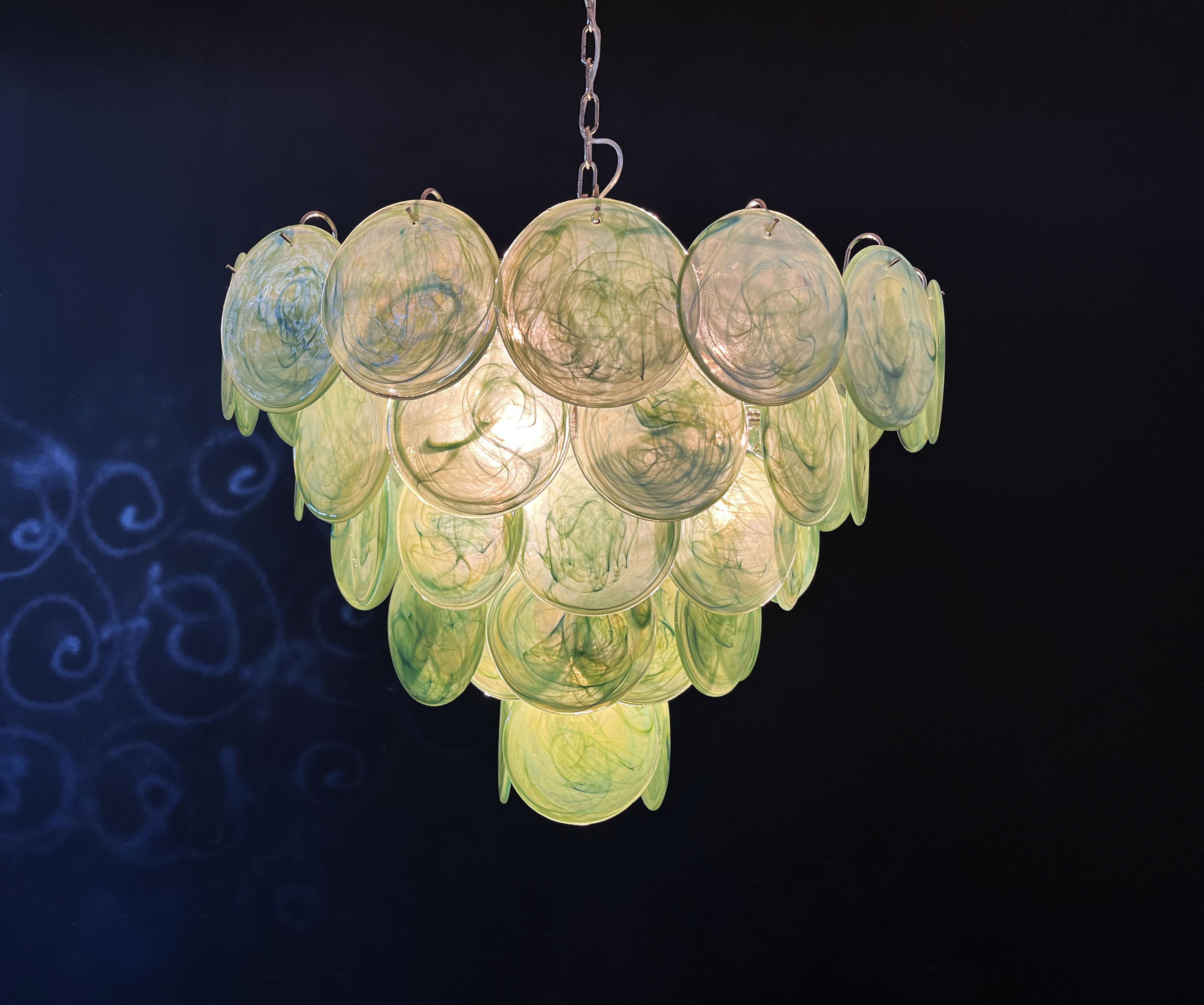 Galvanized High Quality Murano Chandelier Space Age, 57 Green Albaster Iridescent Glasses For Sale
