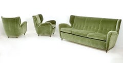 High-Quality Olive Green Velvet Sofa with Ebonized Wood Feet, Italy, 1950s