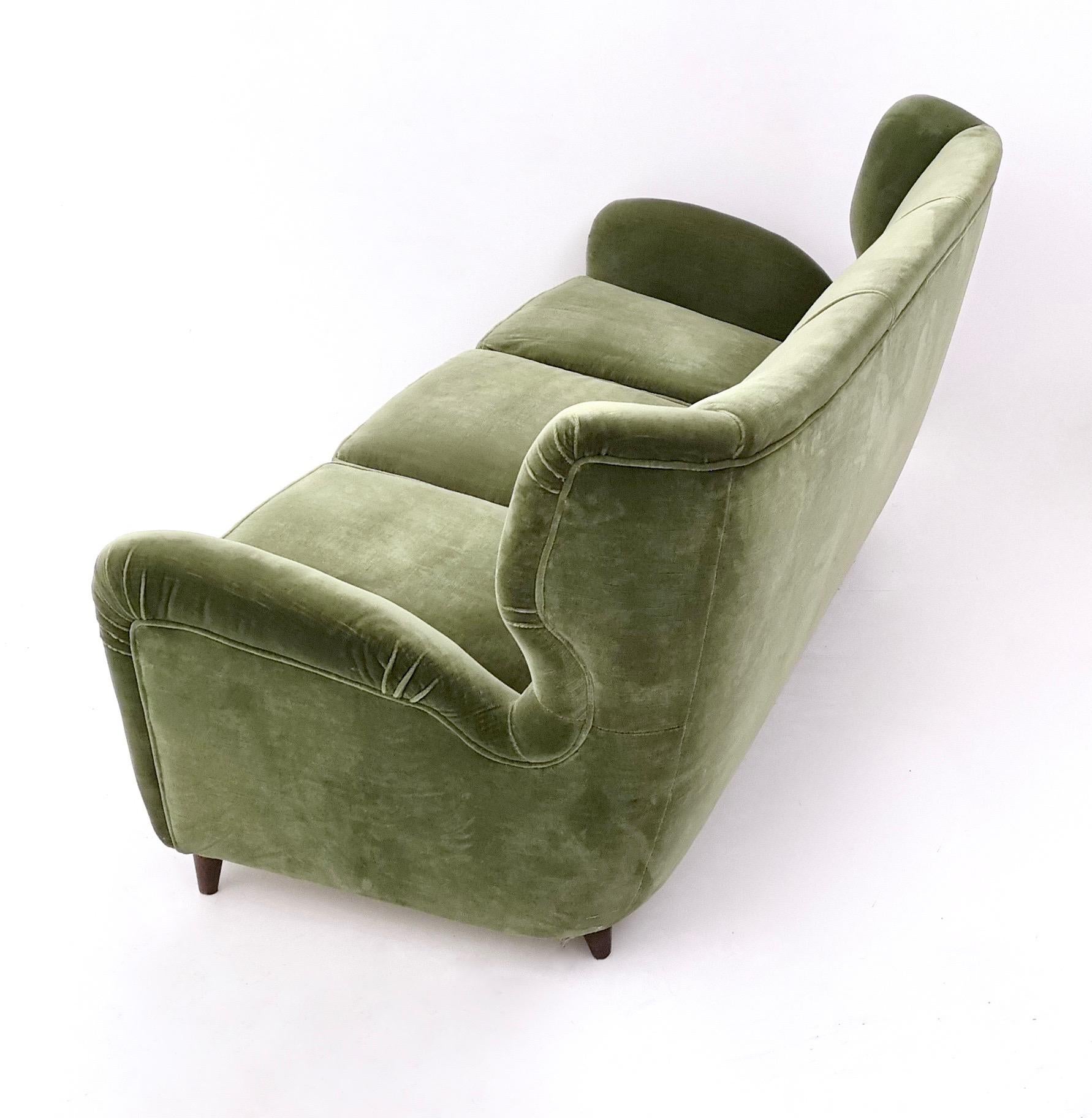 Italian High-Quality Olive Green Velvet Sofa with Ebonized Wood Feet, Italy, 1950s
