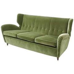High-Quality Olive Green Velvet Sofa with Ebonized Wood Feet, Italy, 1950s