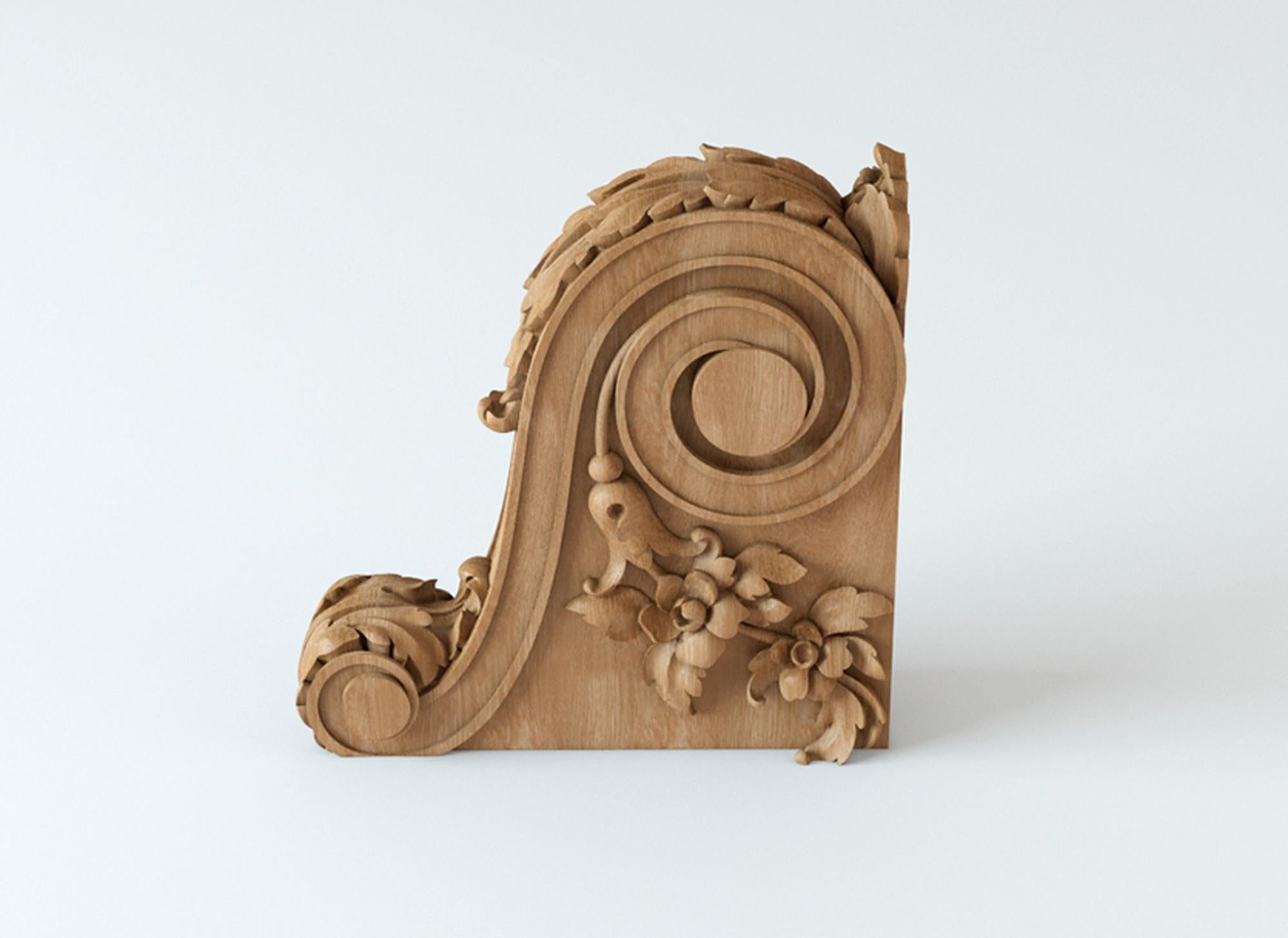 High-quality unfinished carved wooden corbel. Unpainted.

>> SKU: KR-032

>> Dimensions (A x B x C x d x e):

1) 6.38