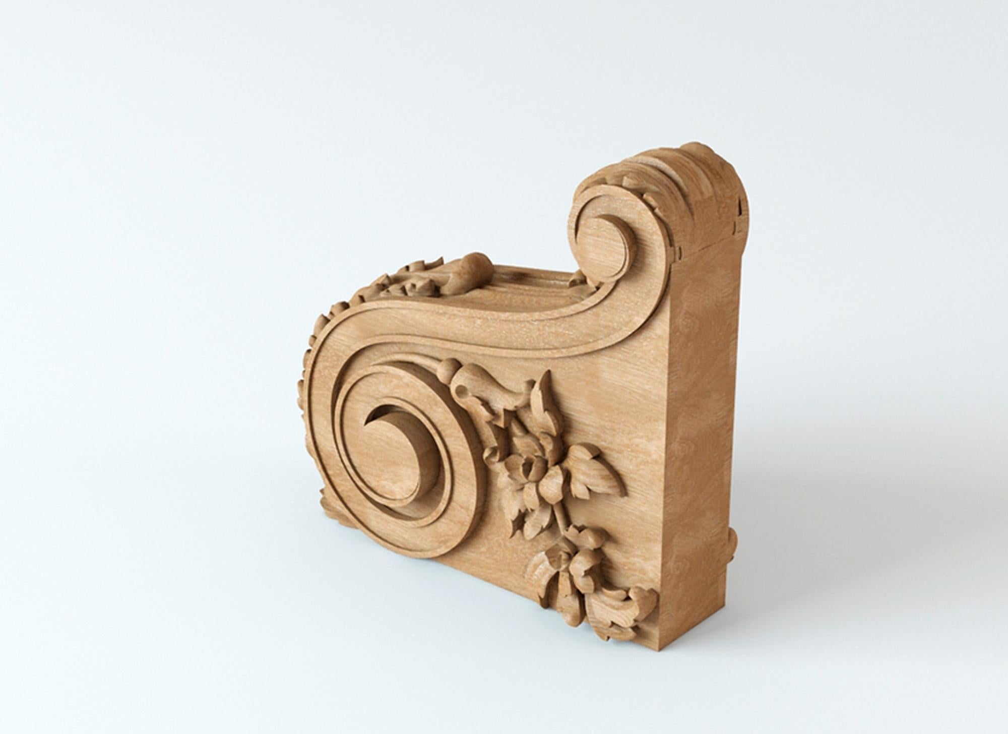 Woodwork Console with Flowers in the style of Romanticism, Ornate Oak Corbel for Trim For Sale