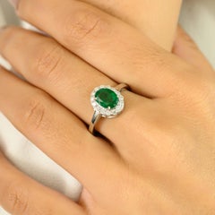 High Quality Oval Emerald Halo Diamond Engagement Ring in Solid 14k White Gold