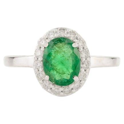 High Quality Oval Emerald Halo Diamond Engagement Ring in Solid 14k White Gold