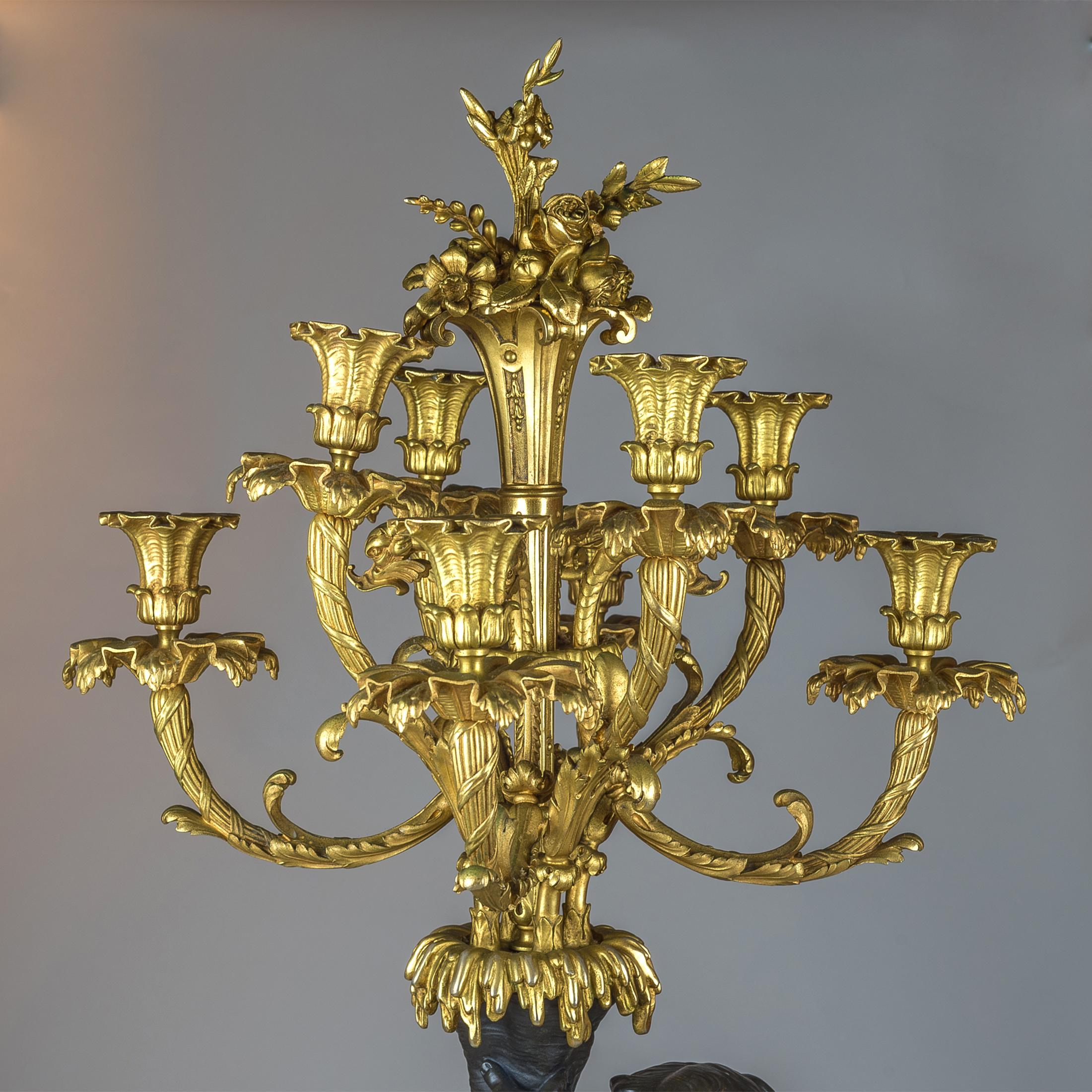 High Quality Pair of Patinated and Gilt Bronze Figural Candelabras 1