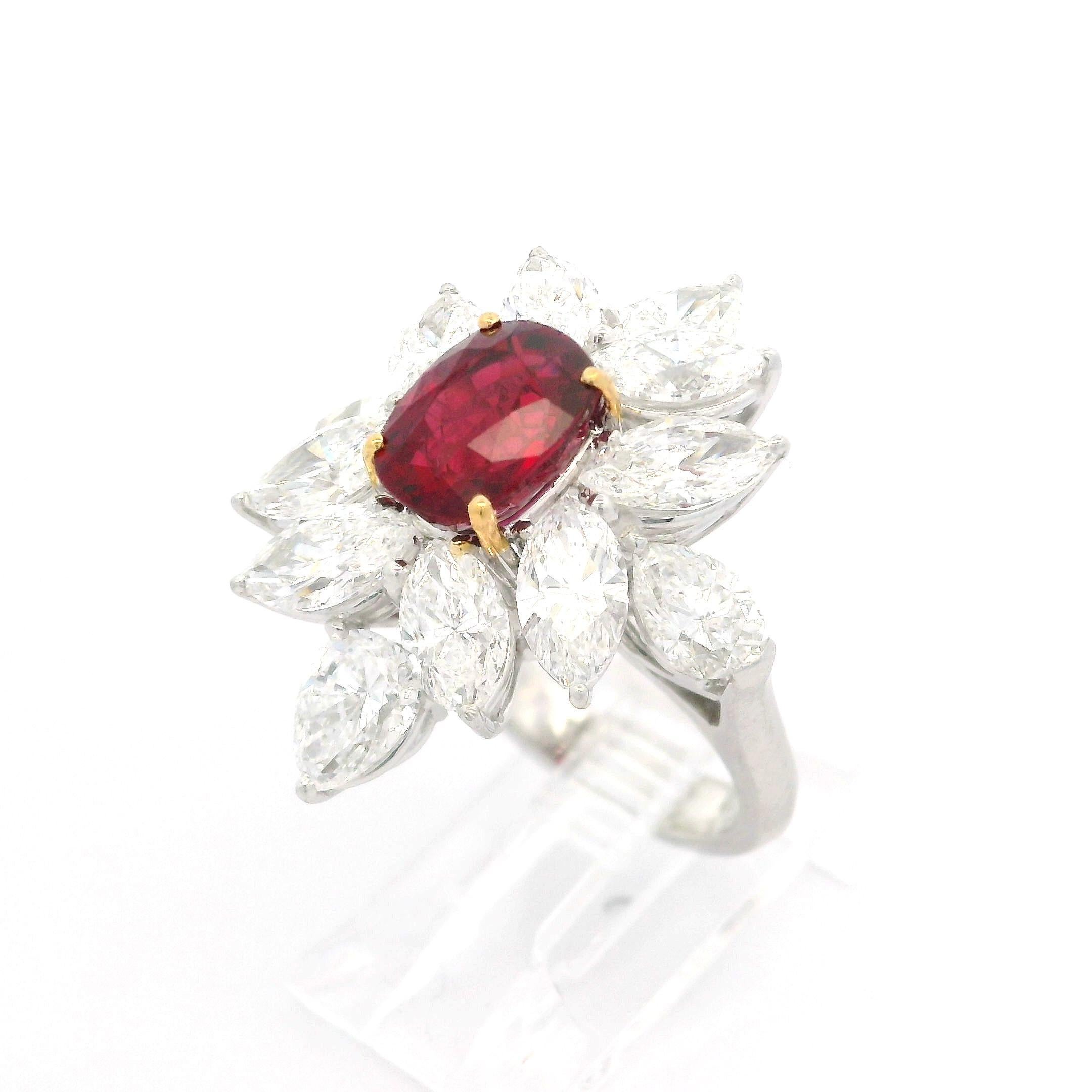 High Quality Platinum GIA 8.31ctw Vivid Ruby & Diamond Spray Cocktail Ring For Sale 5