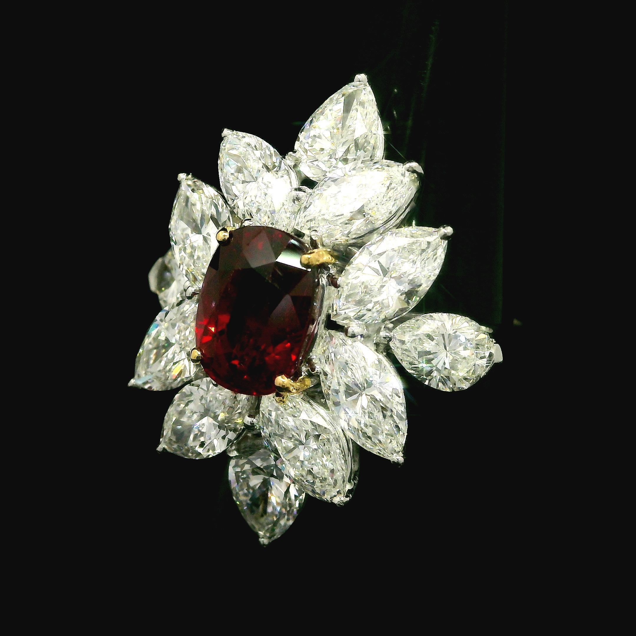 --Stone(s):--
(1) Natural Genuine Ruby - Cushion Cut - Prong Set - Heated - Vivid Red Color - 3.01ct (exact)
** See Certification Details Below for Complete Info **
(12) Natural Genuine Diamonds - Pear & Marquise Cut - Prong Set - VS1/VS2 w/ Few SI