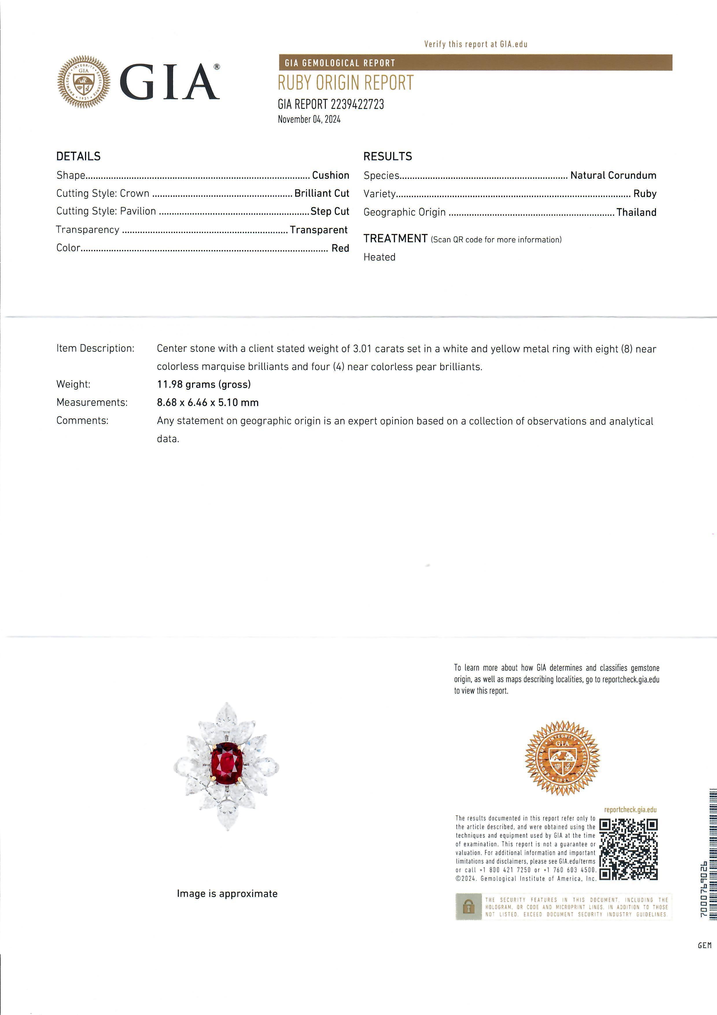 Cushion Cut High Quality Platinum GIA 8.31ctw Vivid Ruby & Diamond Spray Cocktail Ring For Sale