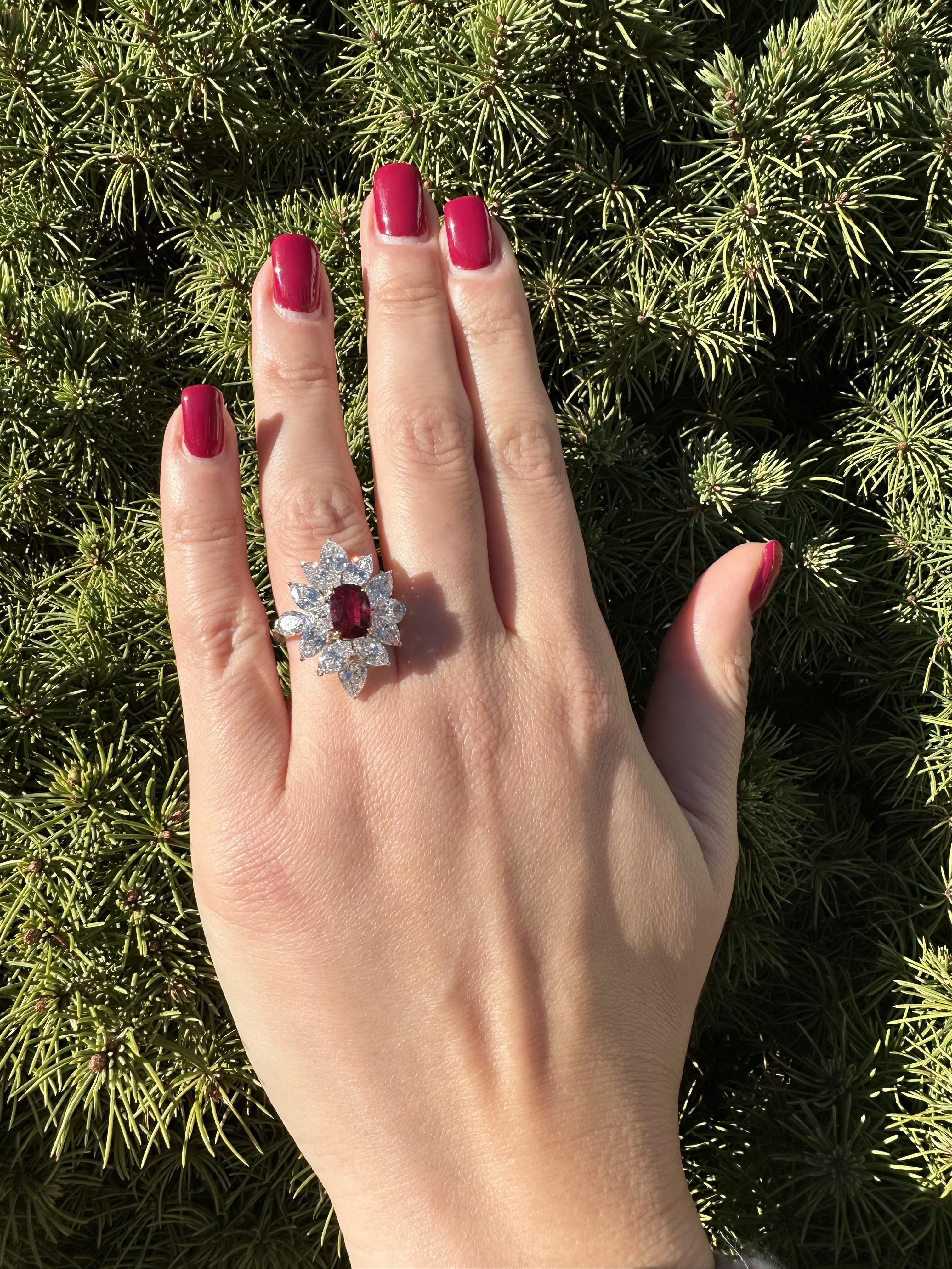 High Quality Platinum GIA 8.31ctw Vivid Ruby & Diamond Spray Cocktail Ring In Excellent Condition For Sale In Montclair, NJ