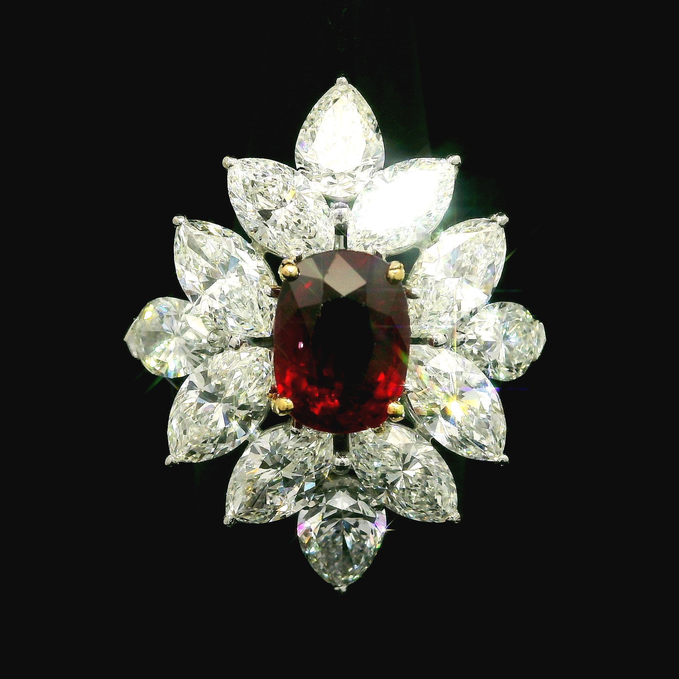 Women's High Quality Platinum GIA 8.31ctw Vivid Ruby & Diamond Spray Cocktail Ring For Sale