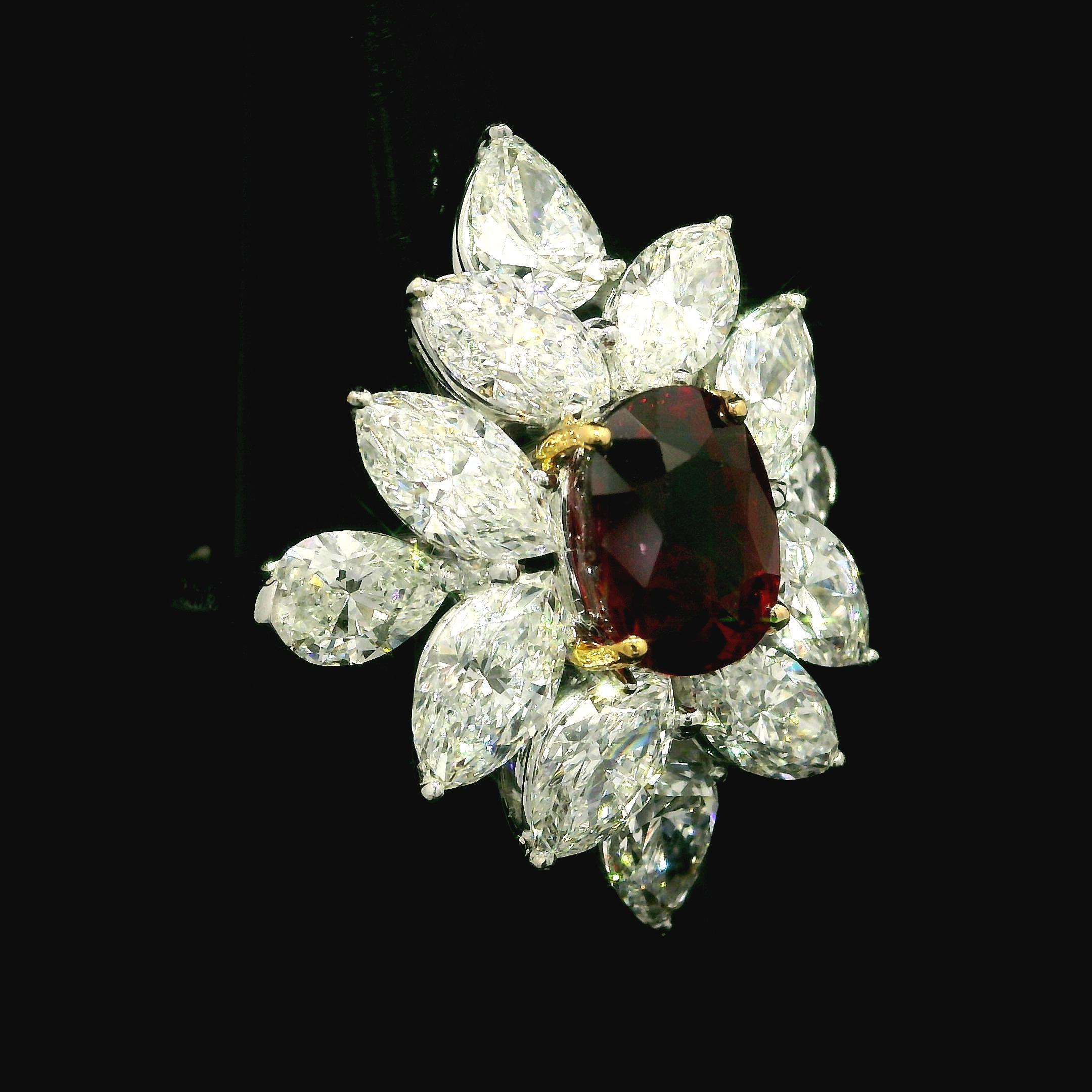 High Quality Platinum GIA 8.31ctw Vivid Ruby & Diamond Spray Cocktail Ring For Sale 1