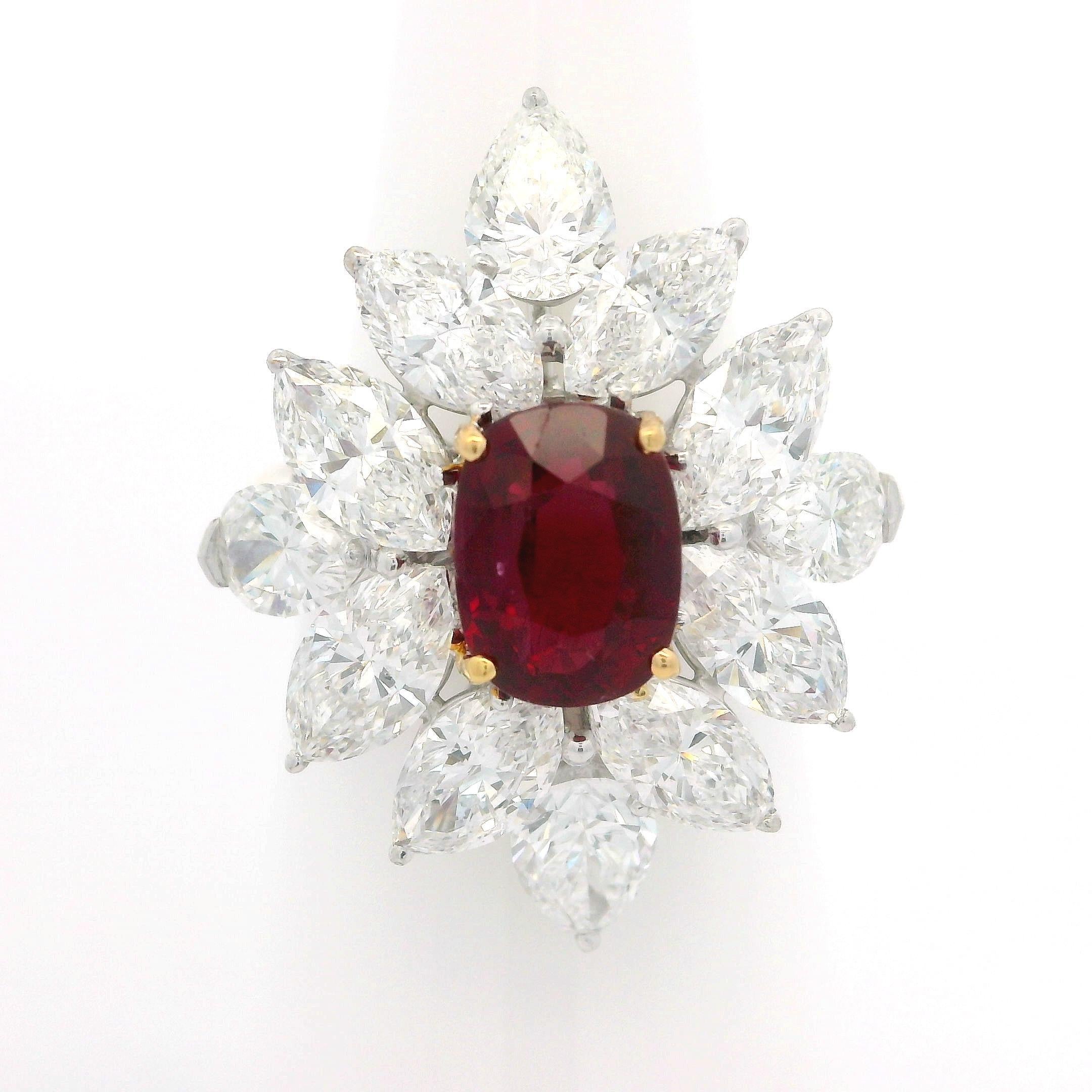 High Quality Platinum GIA 8.31ctw Vivid Ruby & Diamond Spray Cocktail Ring For Sale 2