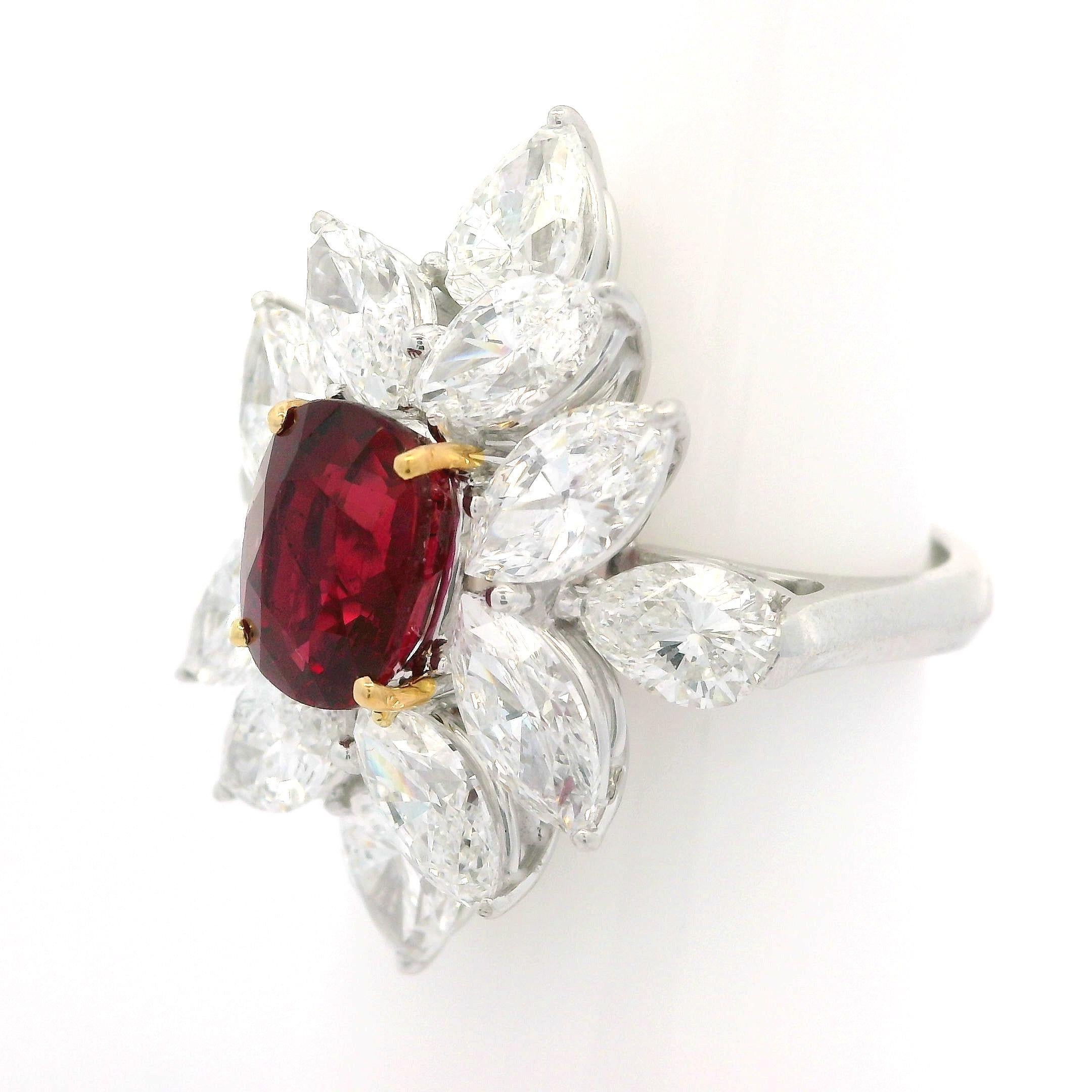 High Quality Platinum GIA 8.31ctw Vivid Ruby & Diamond Spray Cocktail Ring For Sale 3