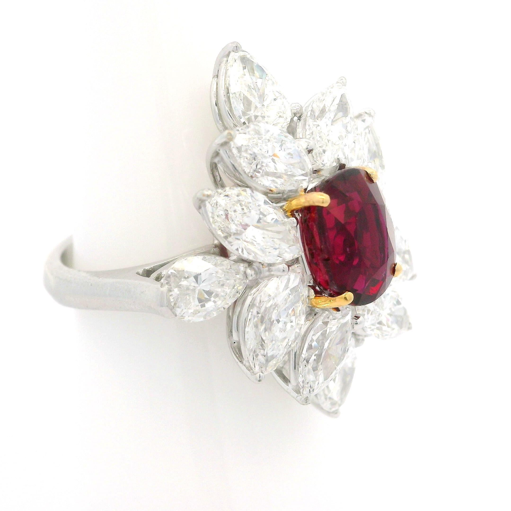 High Quality Platinum GIA 8.31ctw Vivid Ruby & Diamond Spray Cocktail Ring For Sale 4