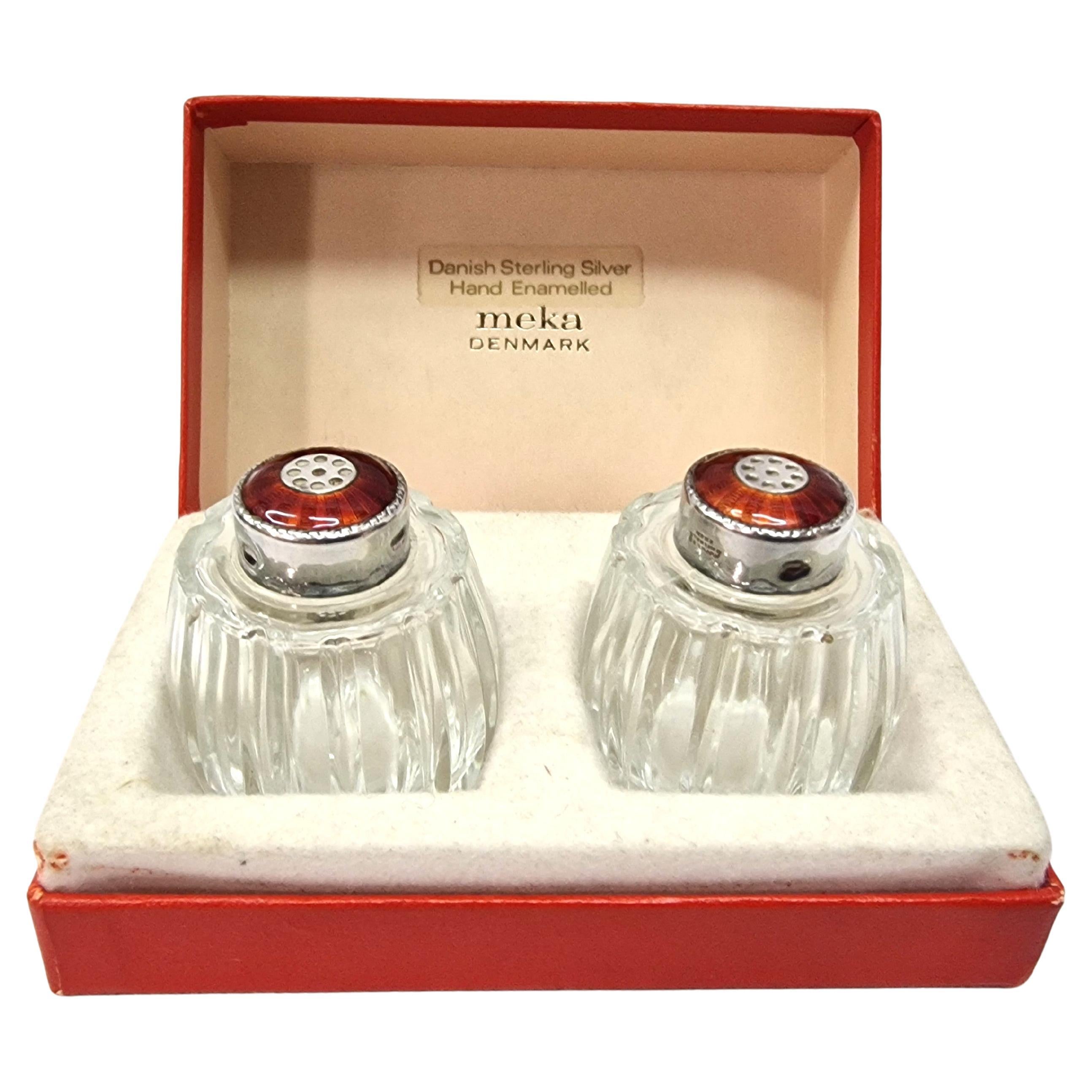 Service à sel et poivre de haute qualité, argent sterling, émail, années 1950, Meka, Denmark
