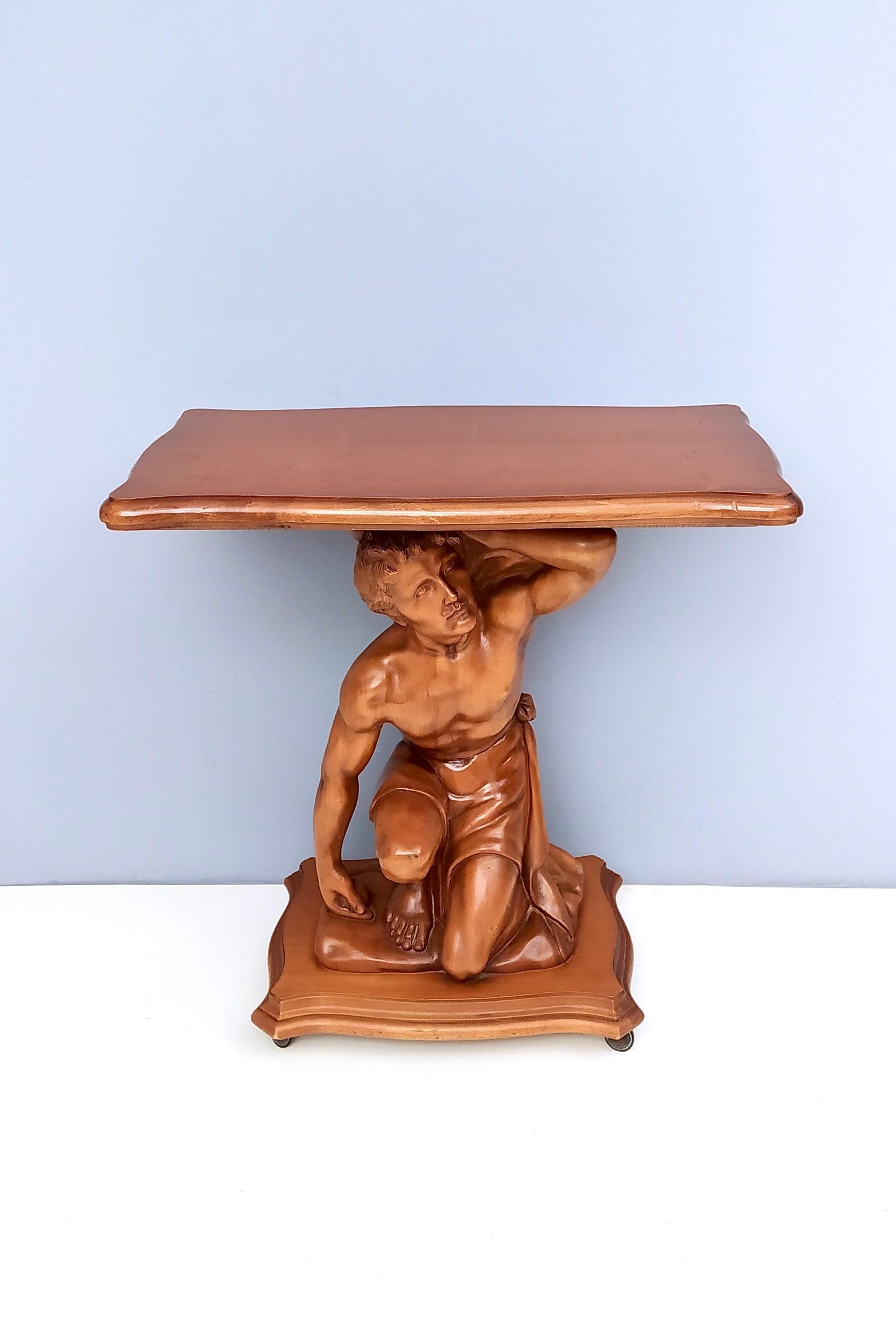 Italian High-Quality Sculptural Hercules Walnut Console Table with Casters, Italy