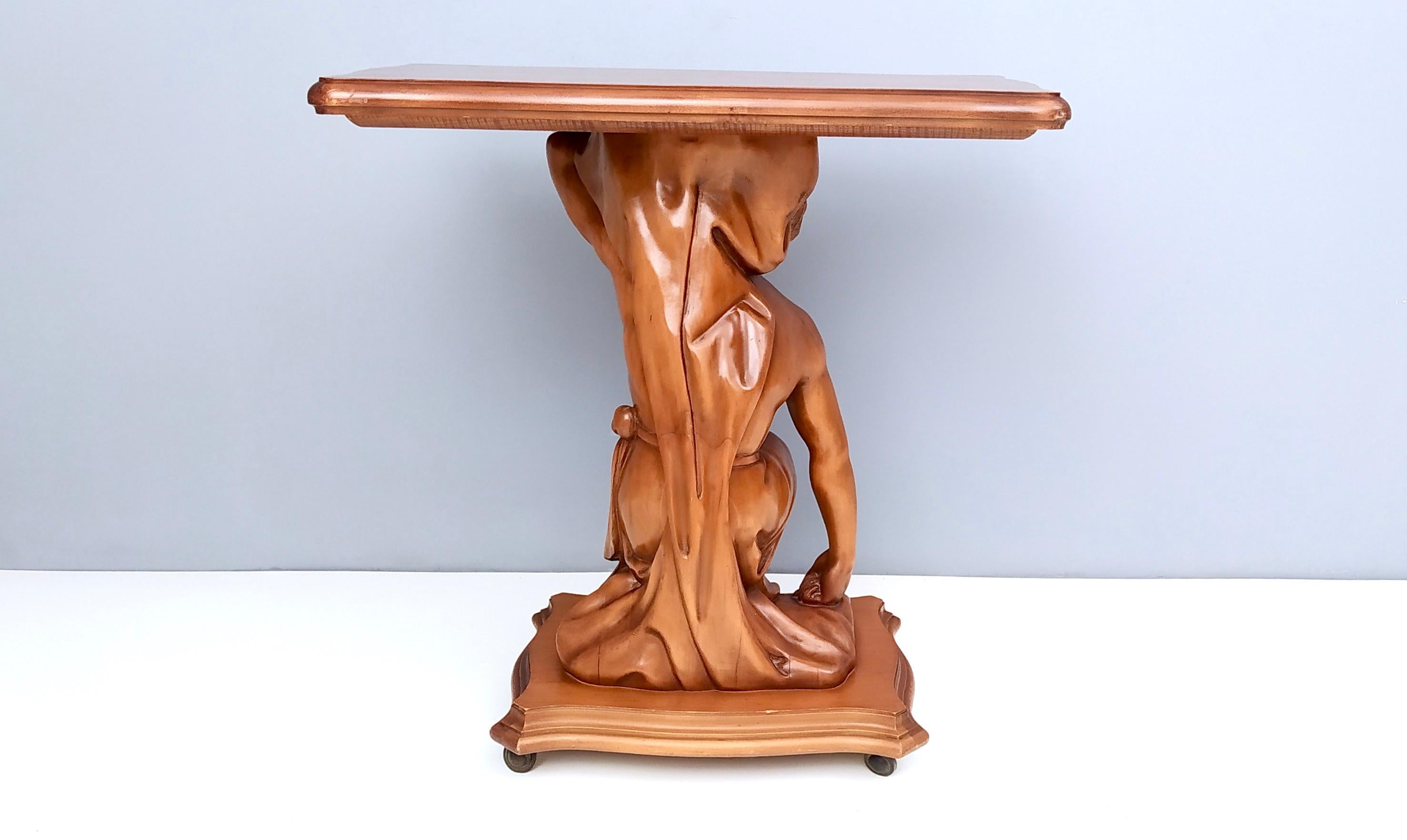 High-Quality Sculptural Hercules Walnut Console Table with Casters, Italy In Good Condition In Bresso, Lombardy