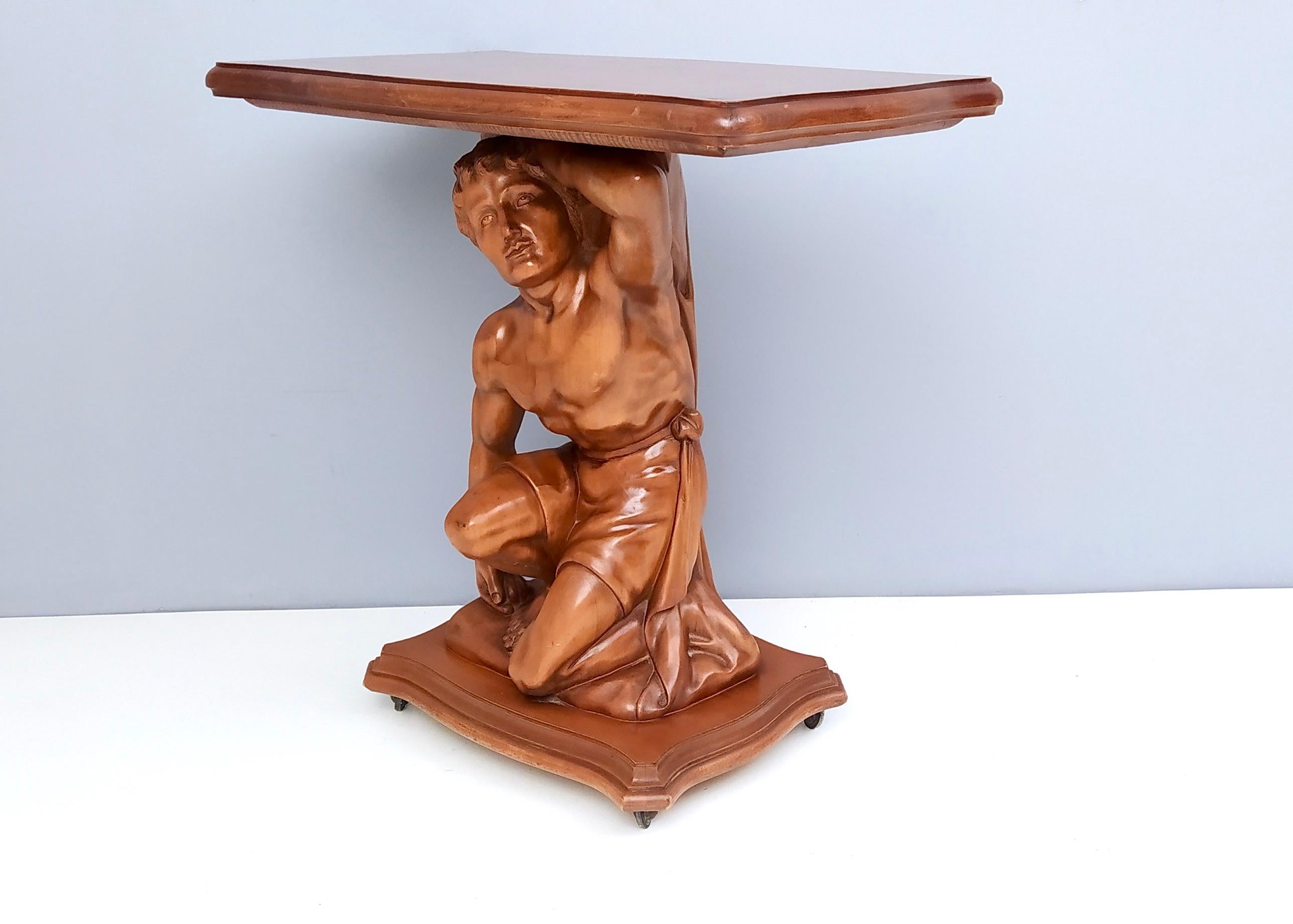 High-Quality Sculptural Hercules Walnut Console Table with Casters, Italy 1